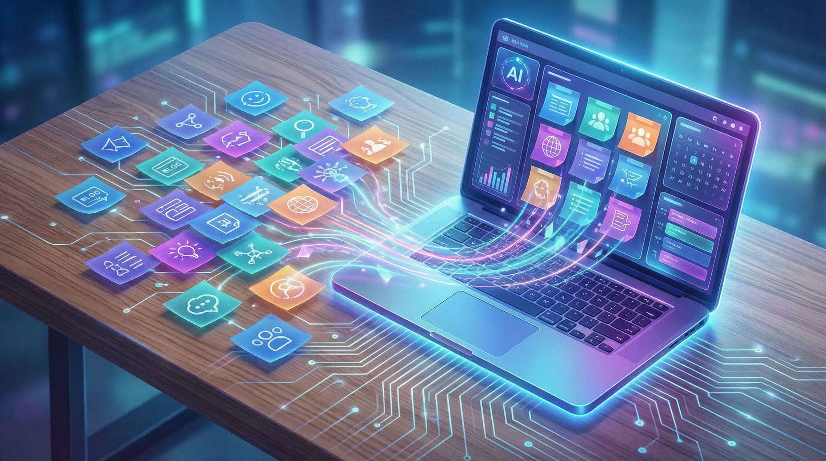 Overhead view of a modern workspace where colorful sticky notes labeled with blog topics, keywords,