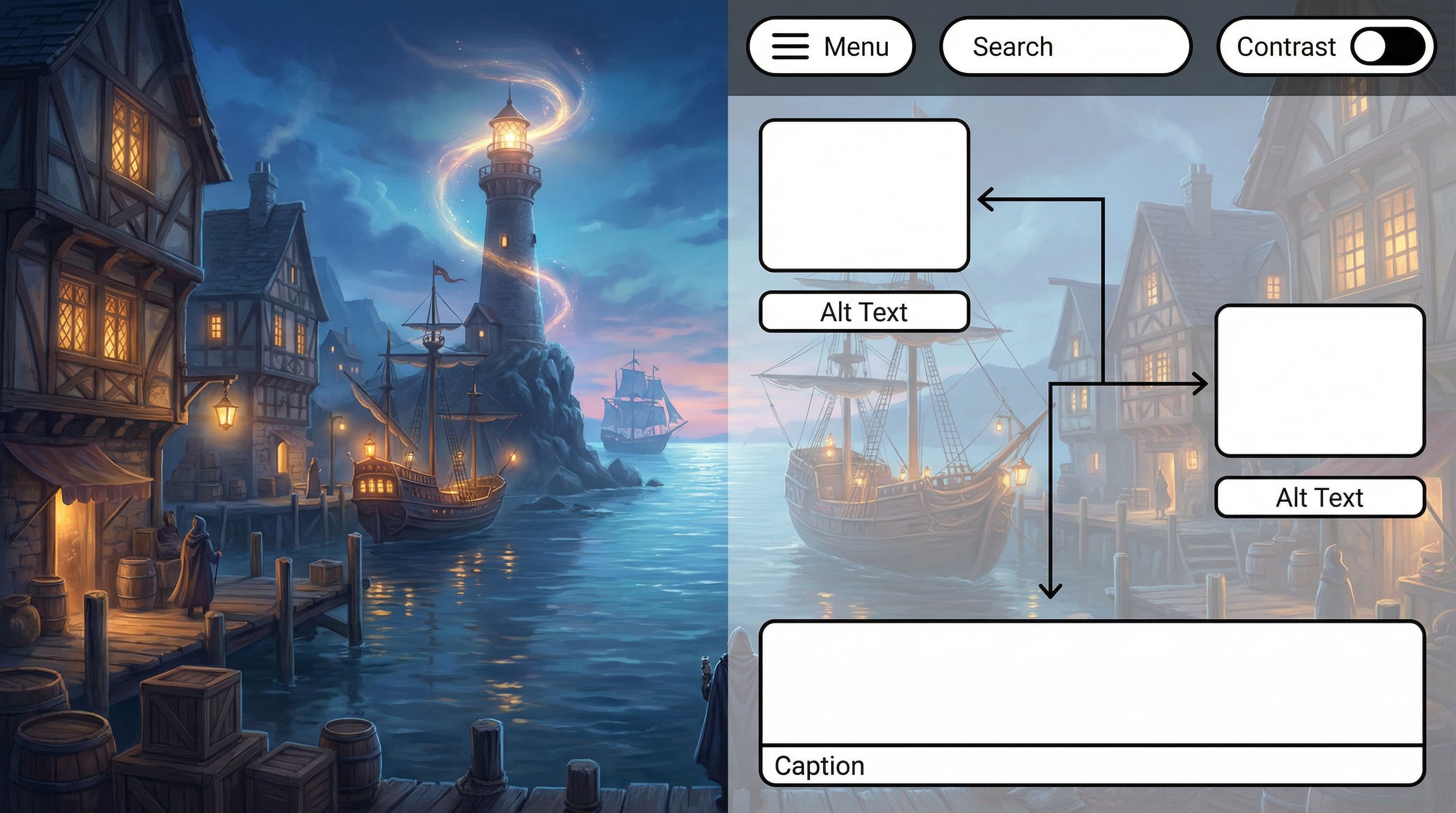 A split-screen composition: on the left, a richly detailed AI-generated fantasy harbor scene with ca