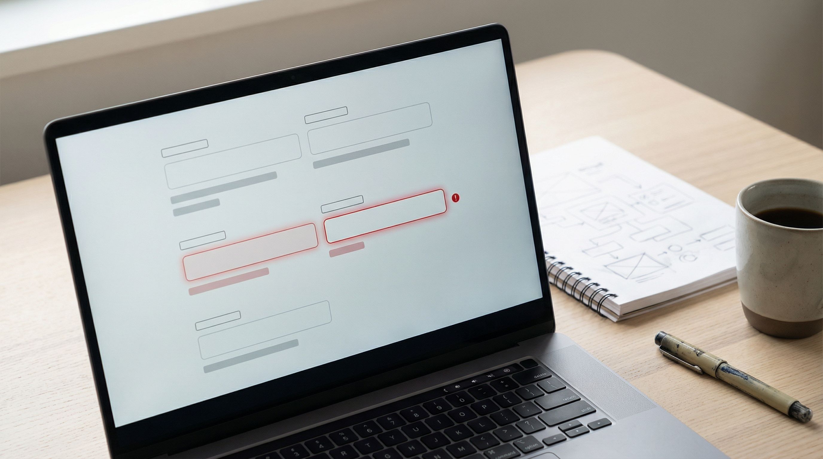 a close-up of a modern web form interface on a laptop screen, with neatly aligned fields, clear labe