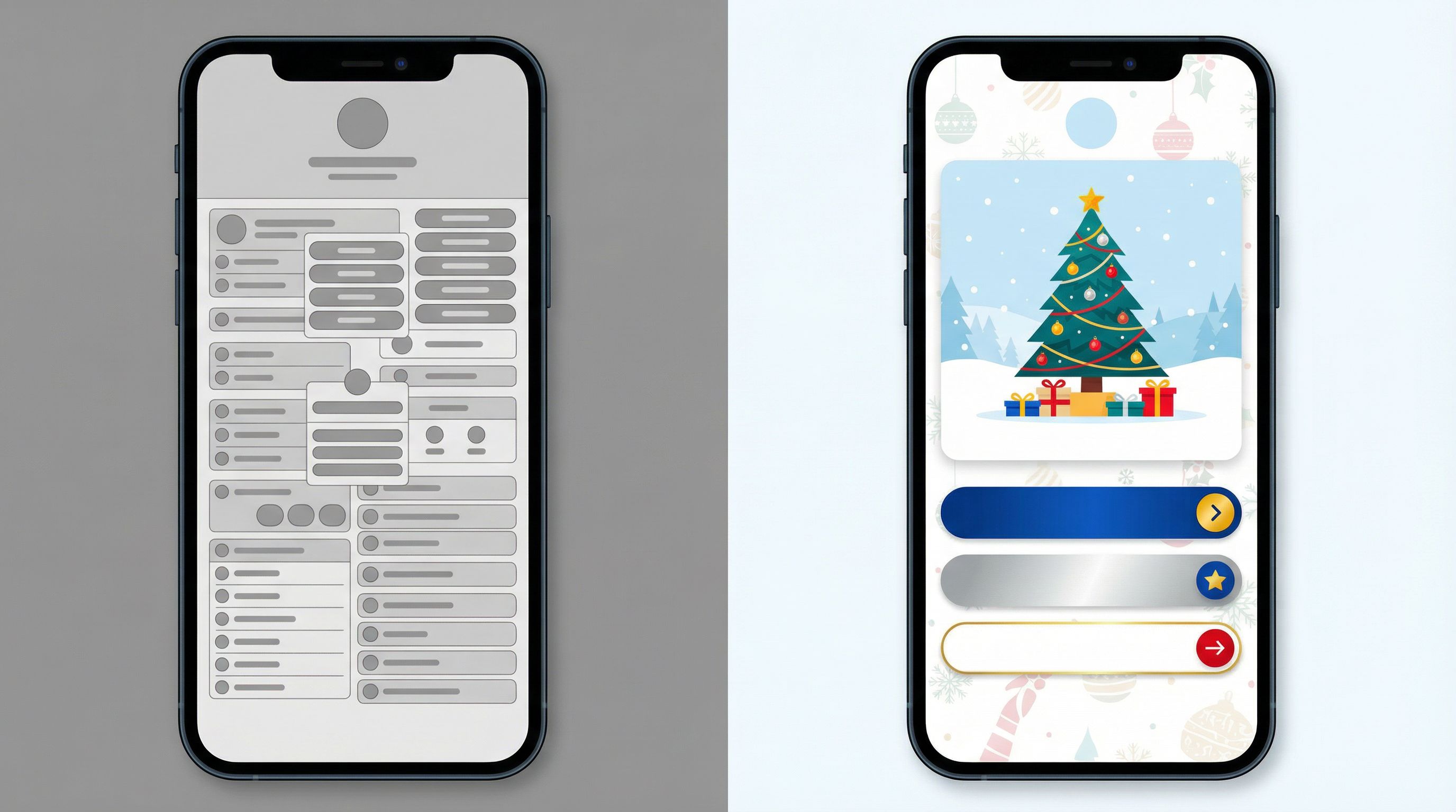 Split-screen illustration showing a before-and-after comparison of a link-in-bio page on a phone: th