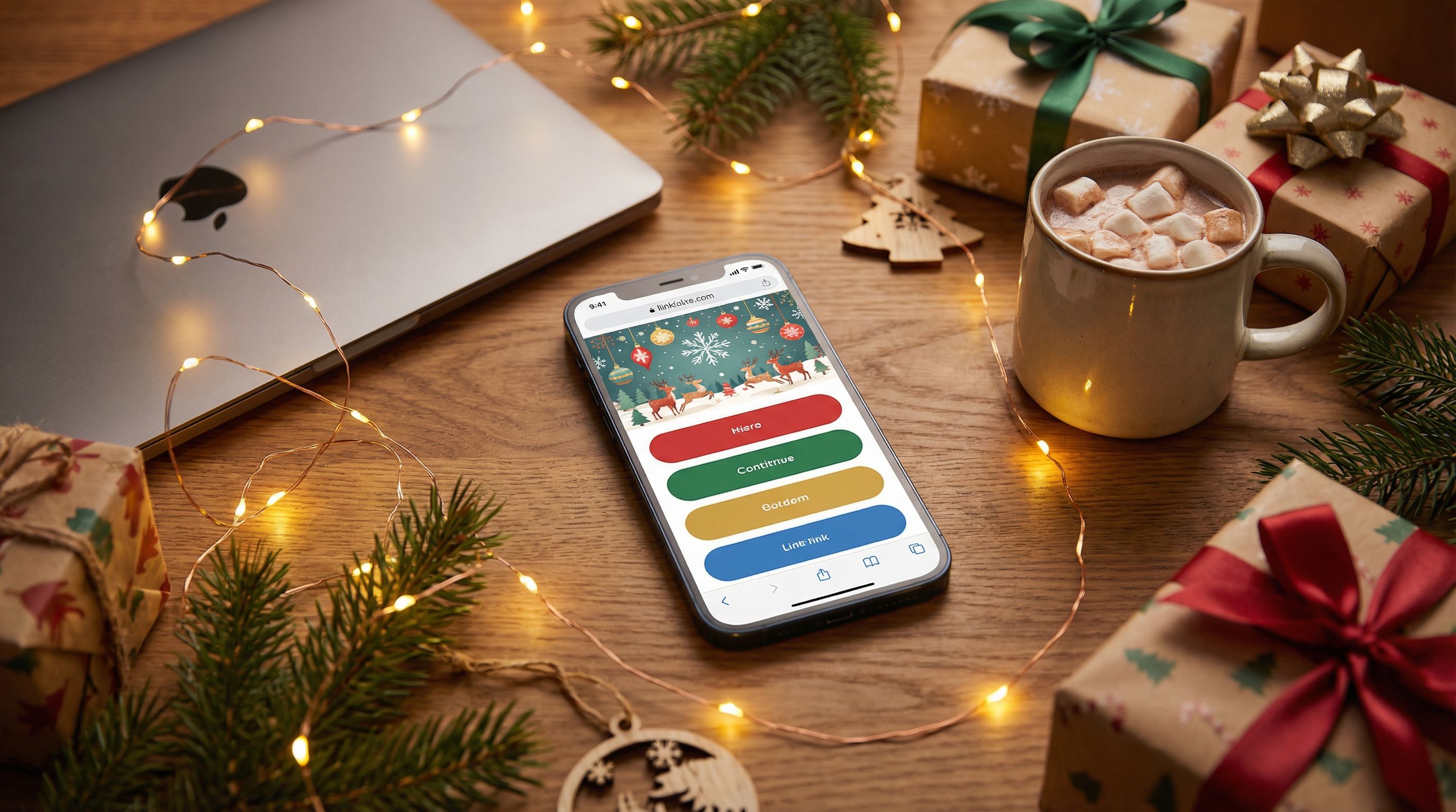 Overhead view of a smartphone on a cozy, holiday-decorated desk showing a vibrant Liinks-style link-