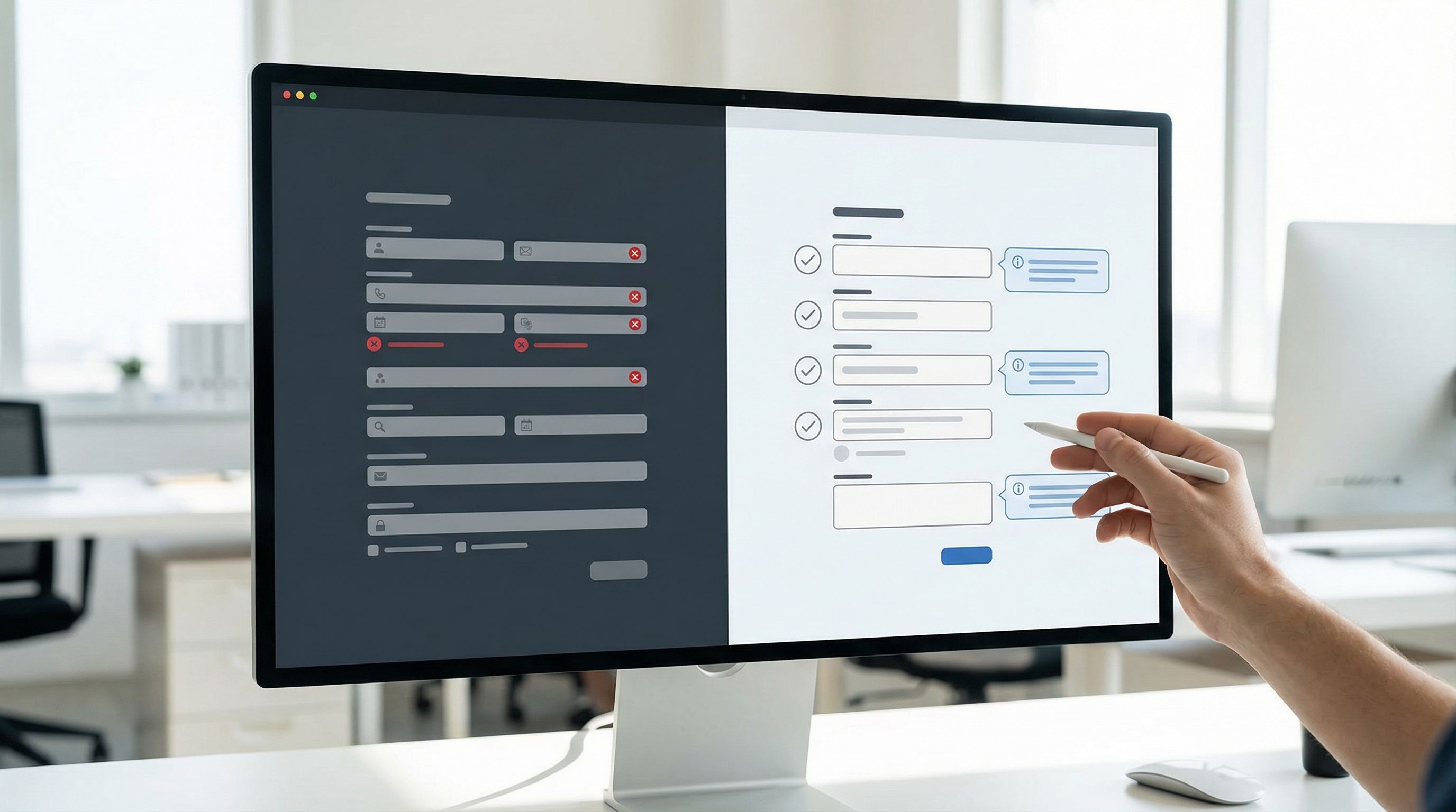 side-by-side comparison of two web forms on a split screen, left side cluttered with vague labels an