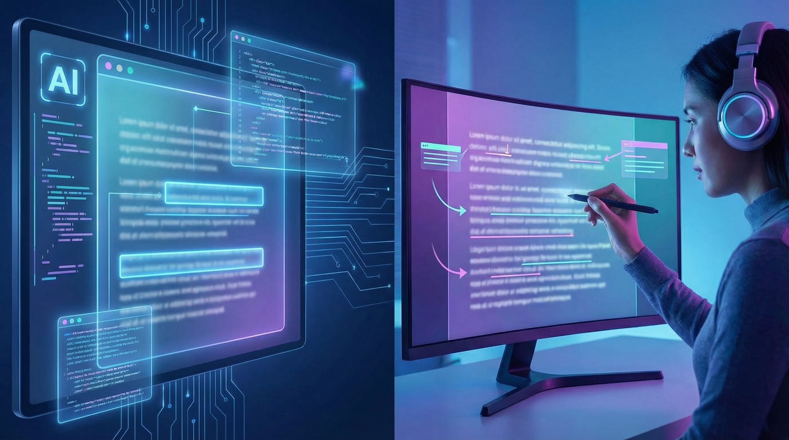 a split-screen scene showing on the left an AI interface generating a blog draft with highlighted se