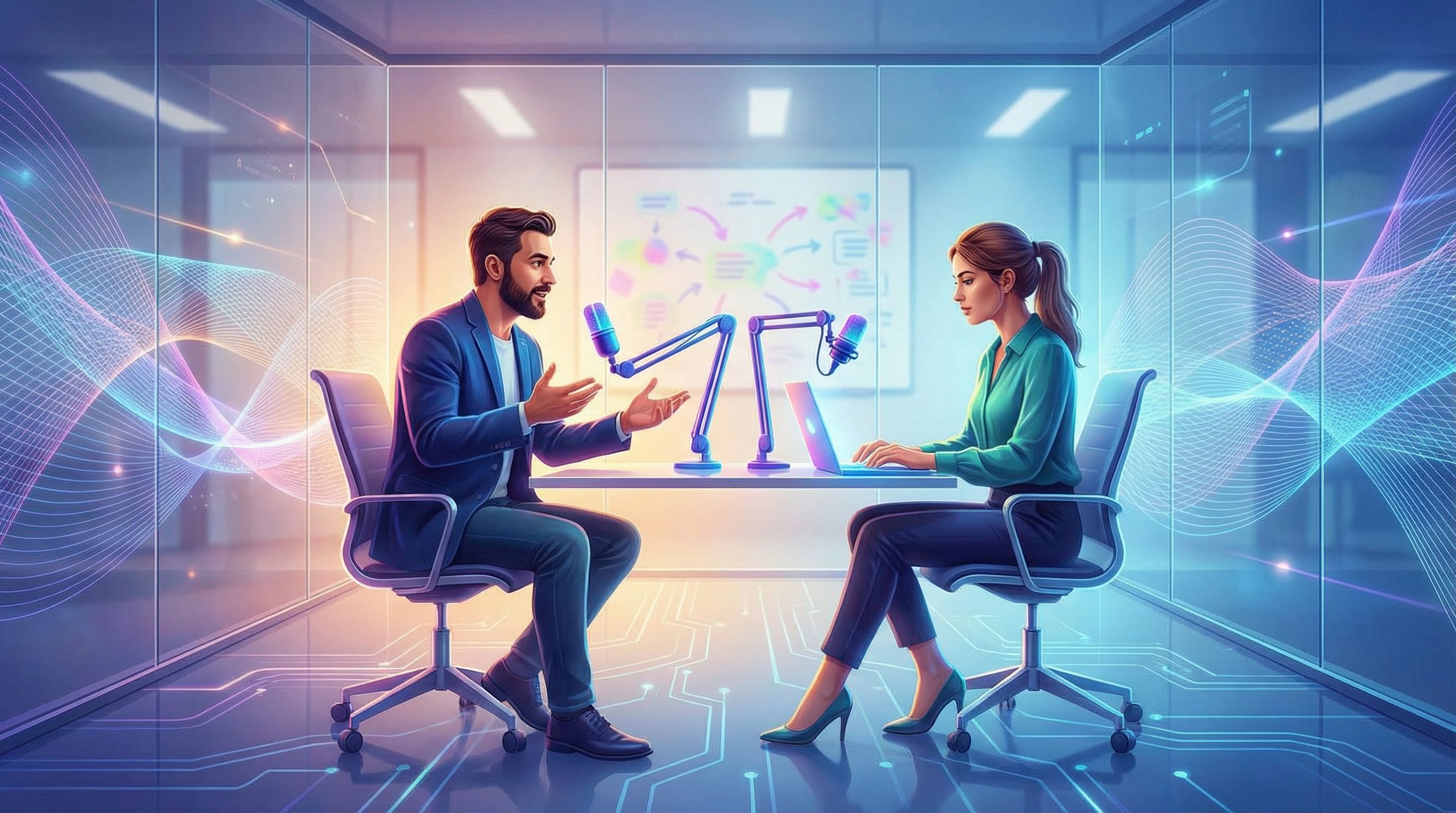 a founder sitting in a glass-walled office being recorded by a small podcast-style setup while speak