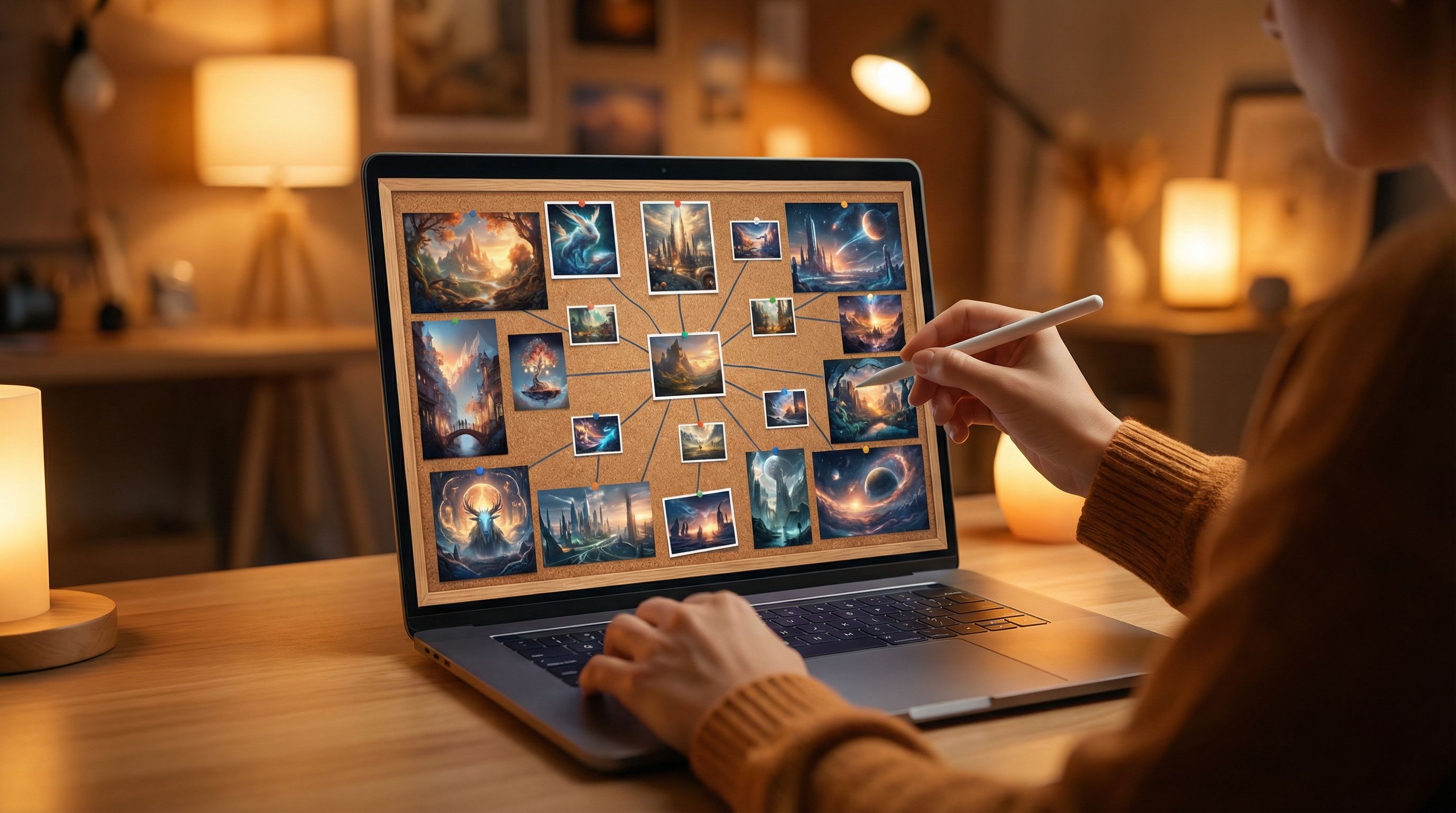 Collage of AI-generated fantasy and sci-fi scenes pinned to a virtual corkboard, with a laptop showi