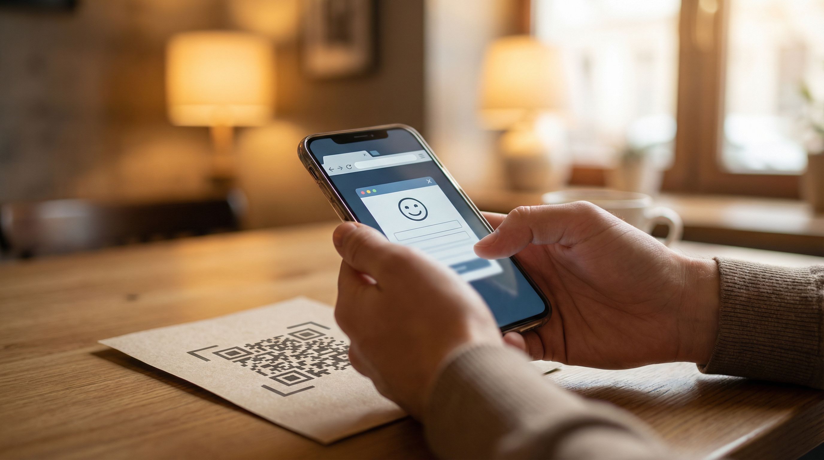 Person holding a smartphone over a printed flyer with a QR code, the phone screen showing a clean cu