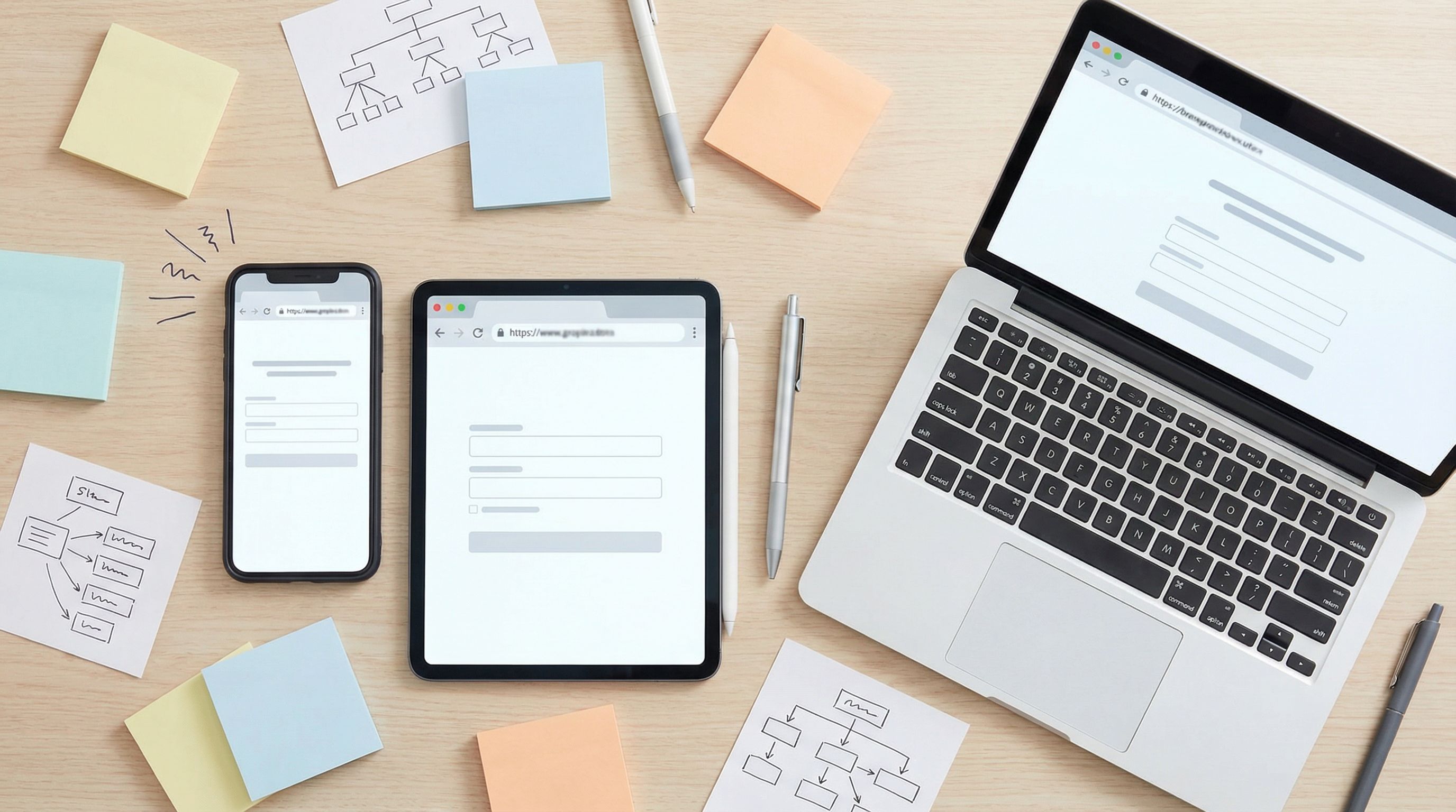 Flat-lay of multiple devices (phone, tablet, laptop) all showing different branded form URLs on thei