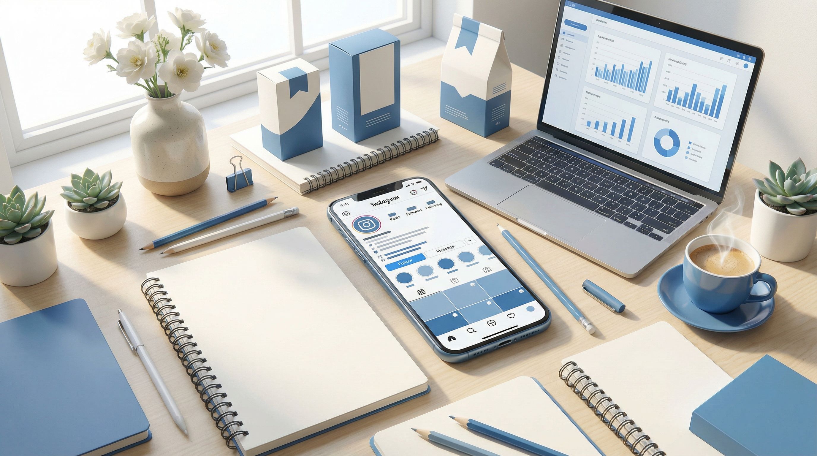 overhead view of a creator’s workspace with a phone showing an Instagram profile and a stylish link-