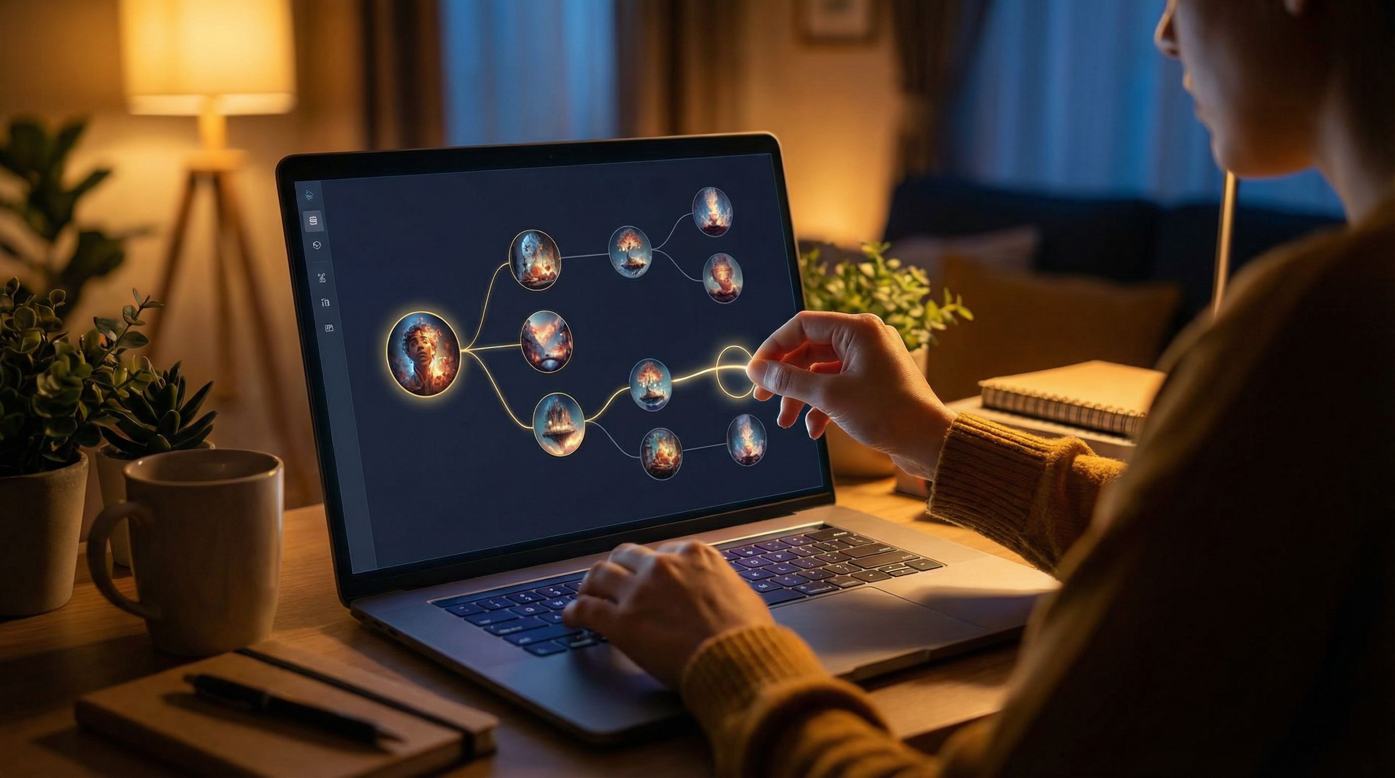 Over-the-shoulder view of a laptop screen showing Questas-style branching story nodes connected with