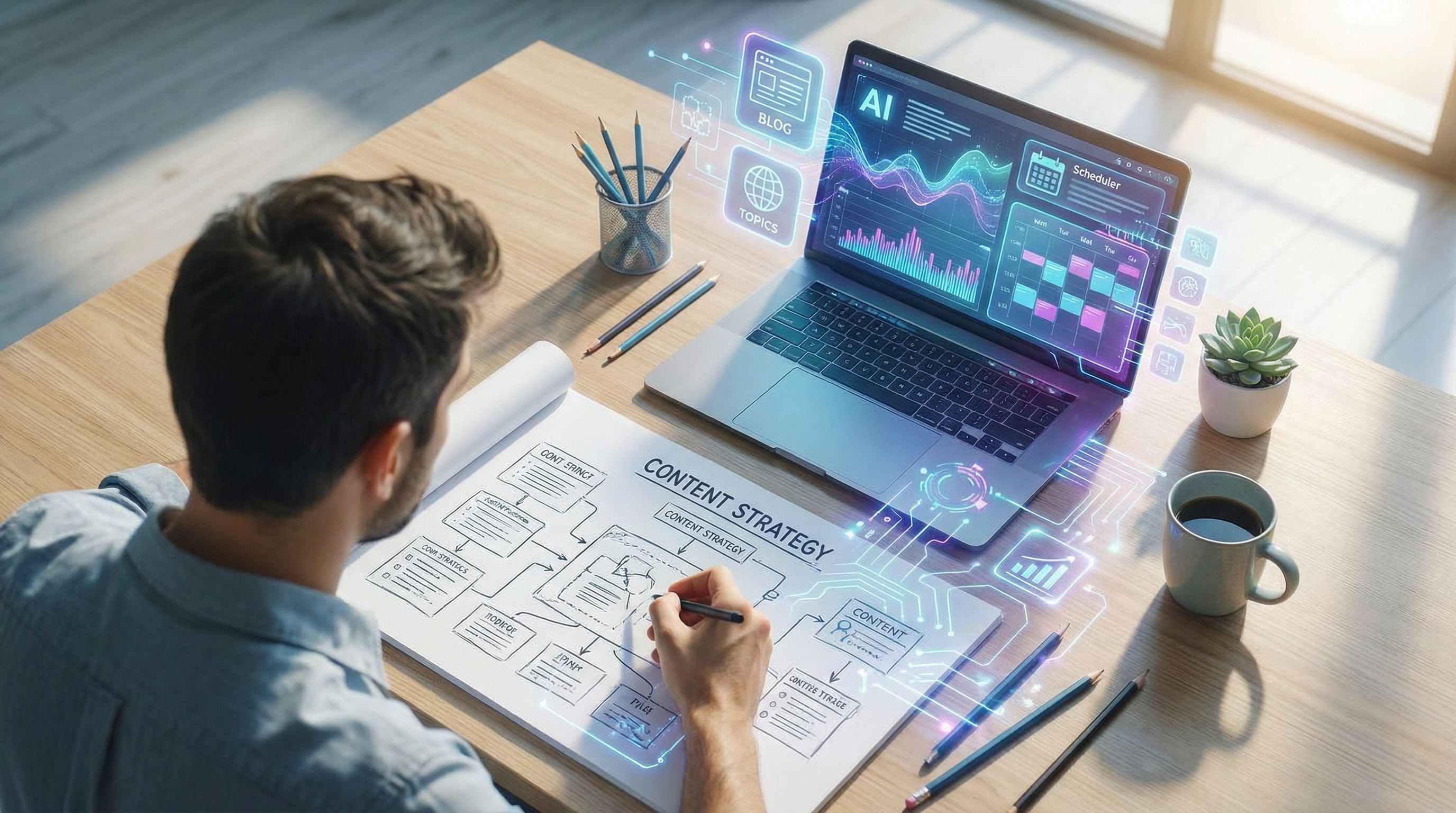 an overhead view of a founder at a wooden desk sketching a content strategy on paper while an adjace