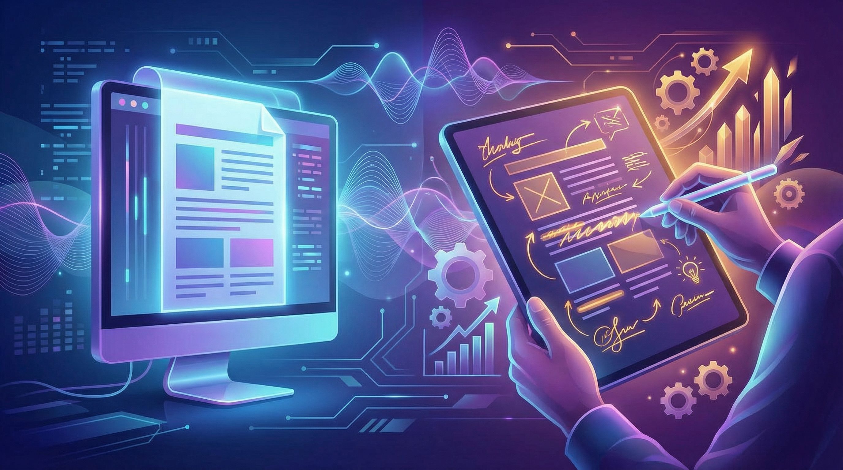 split-screen illustration showing on the left a slightly bland AI-generated blog draft on a monitor,