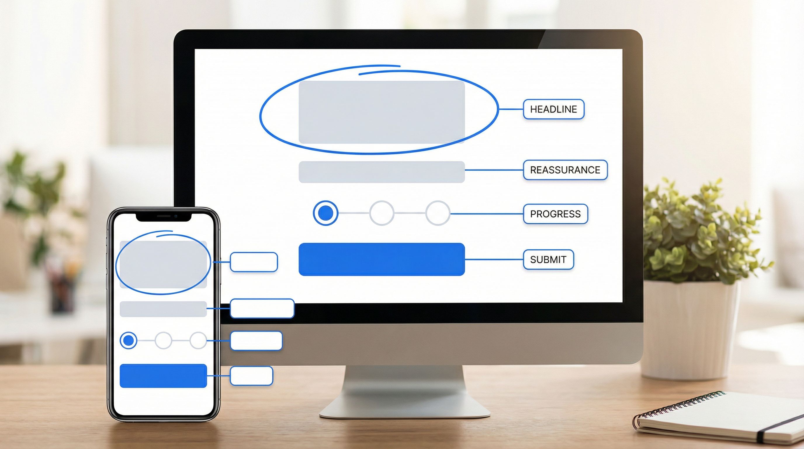 zoomed-in view of a modern web form above the fold, with annotations pointing to a strong headline,