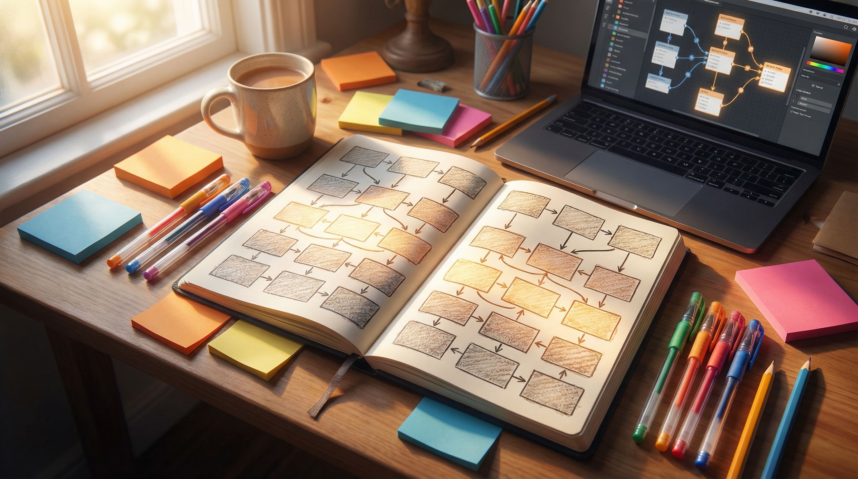 Overhead view of a writer’s workspace with a large sketchbook open to a branching story diagram made