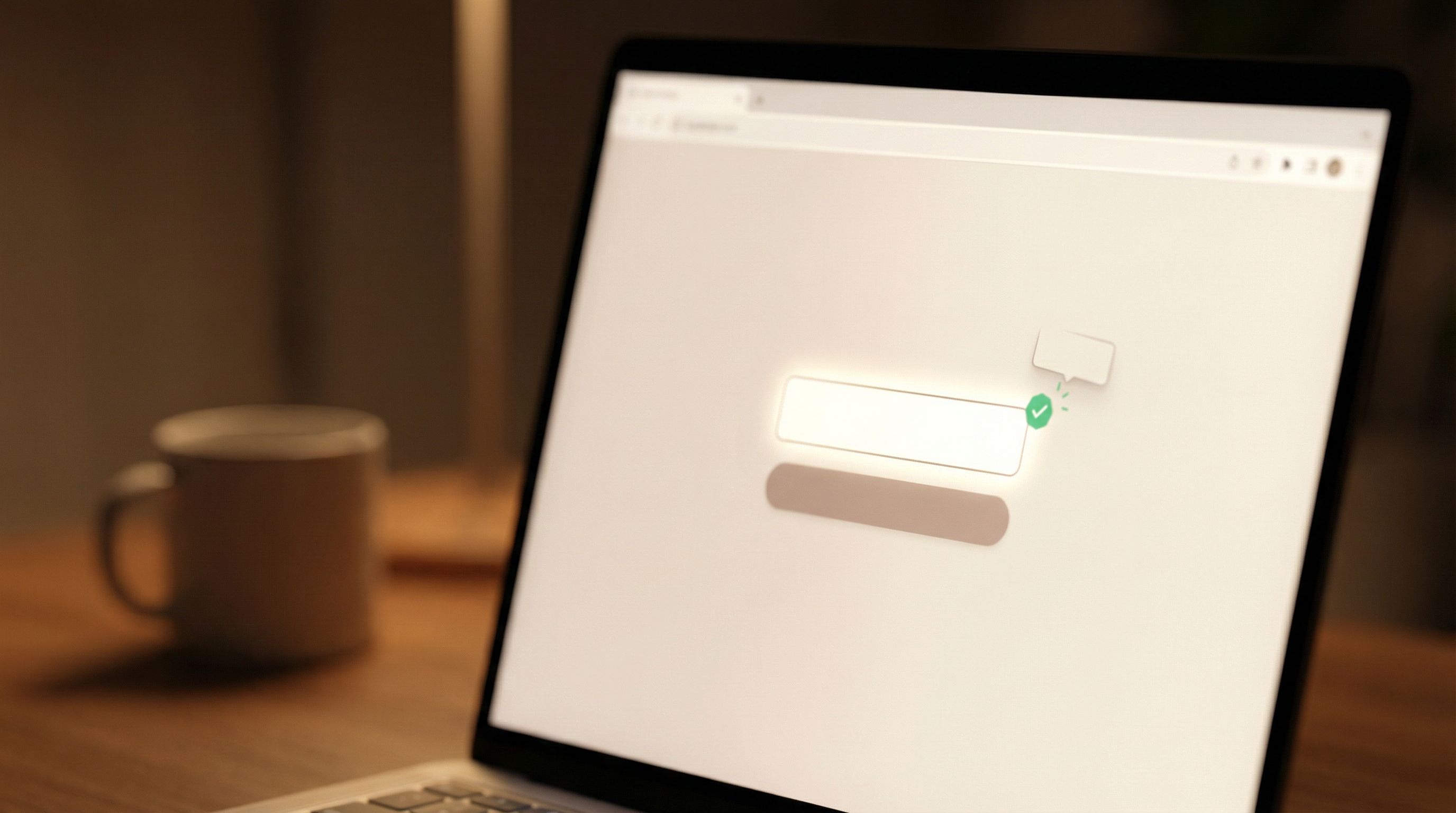 close-up UI shot of a modern, minimal web form on a laptop screen, with a single email field and sub