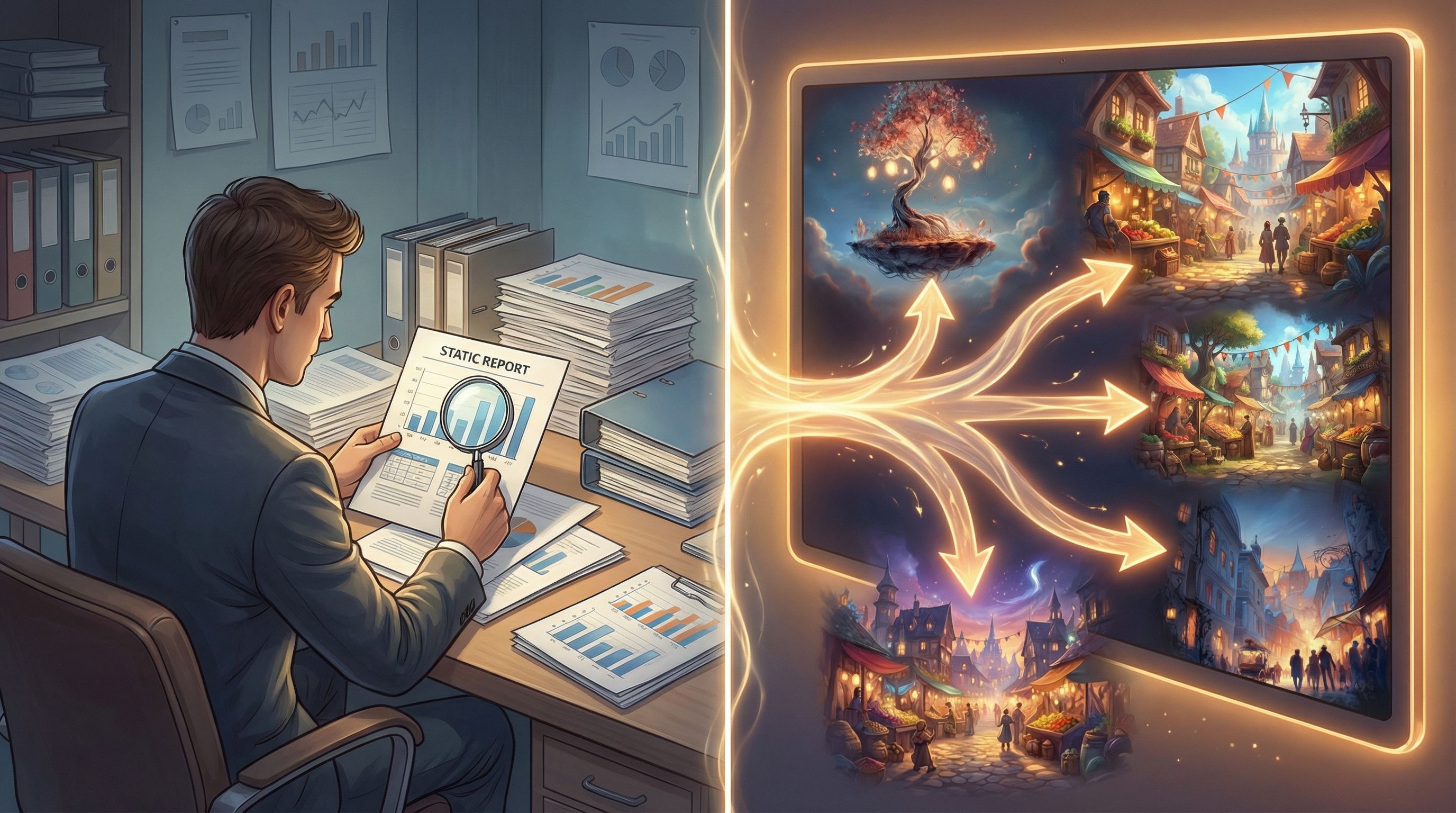 split-screen image showing on one side a marketer reviewing static charts and documents, and on the