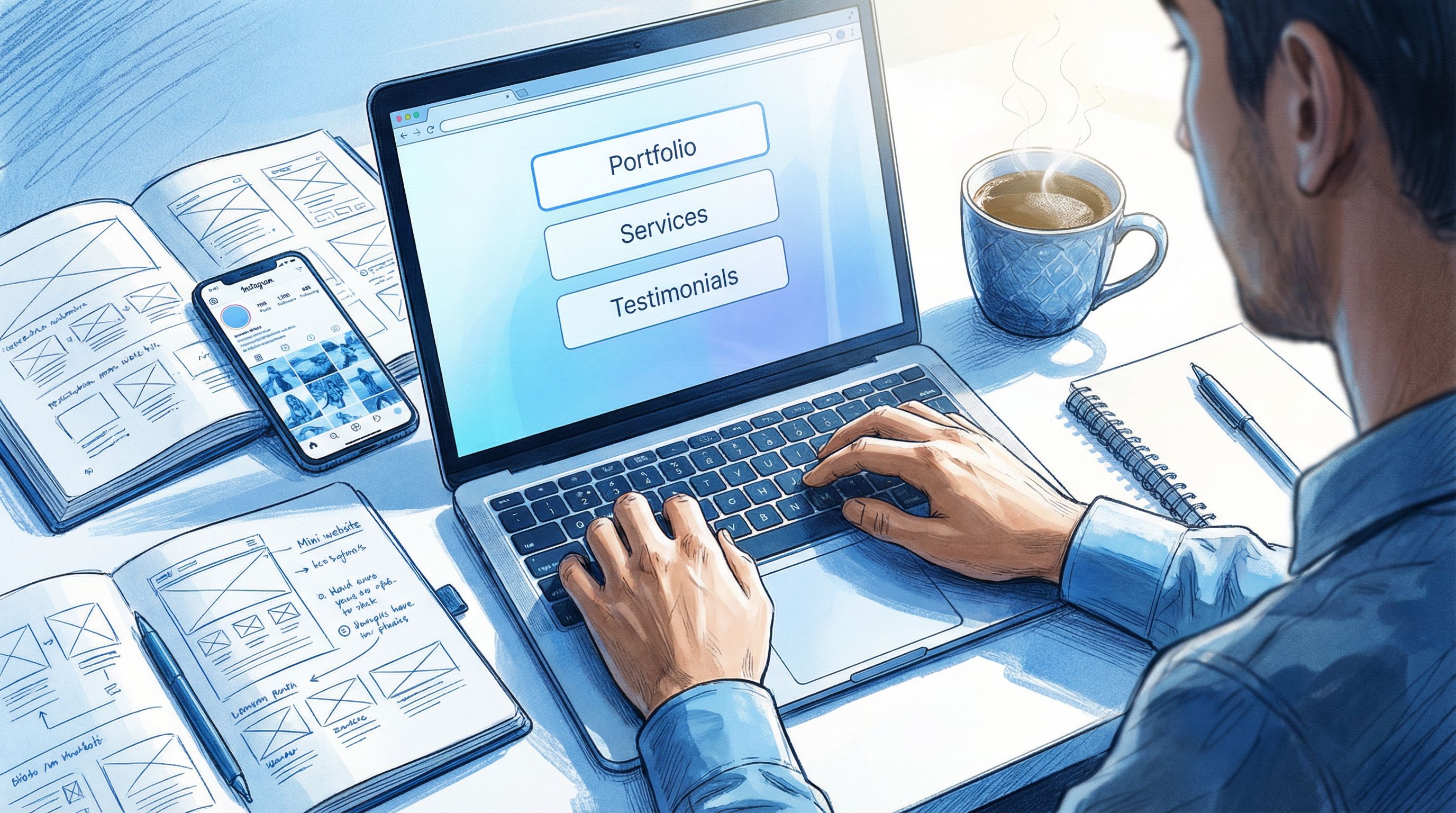 over-the-shoulder view of a creator designing a Liinks-style mini website on a laptop, with visible