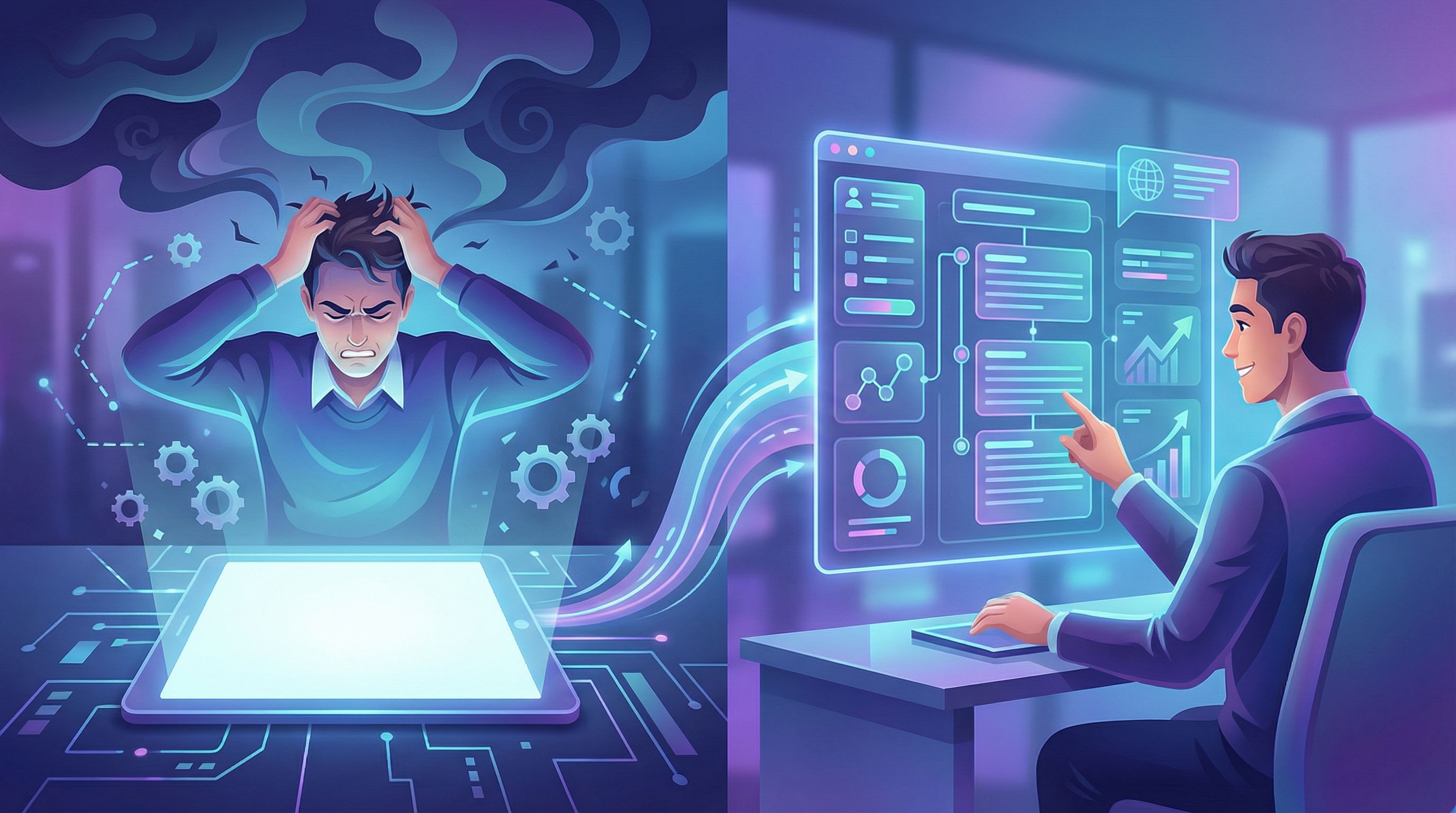 Split-screen illustration showing on the left a blank document with a frustrated founder, and on the