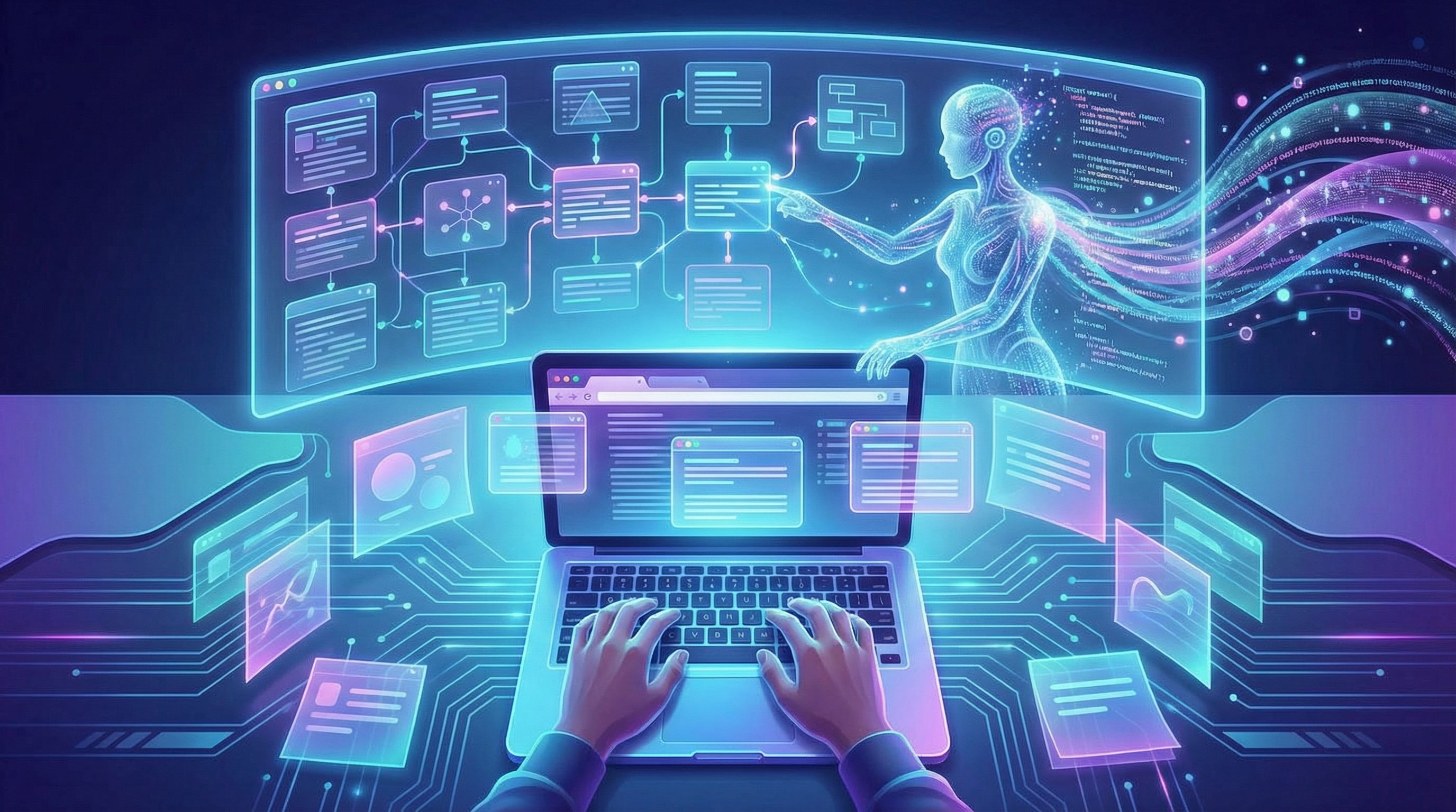 Overhead view of a busy startup founder at a laptop, multiple browser tabs and sticky notes around, 