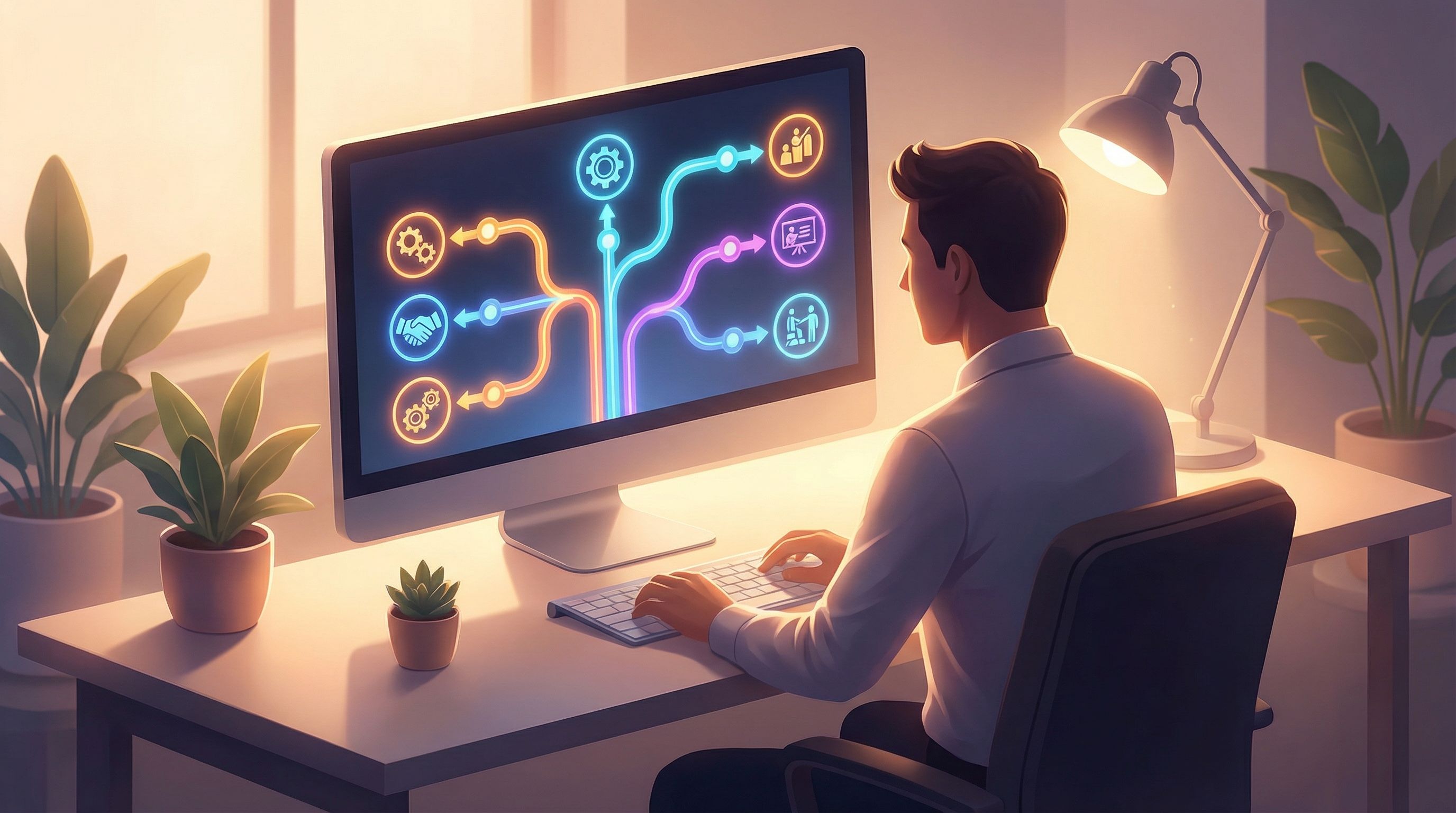 office worker at a computer navigating a colorful branching path interface on screen, nodes labeled