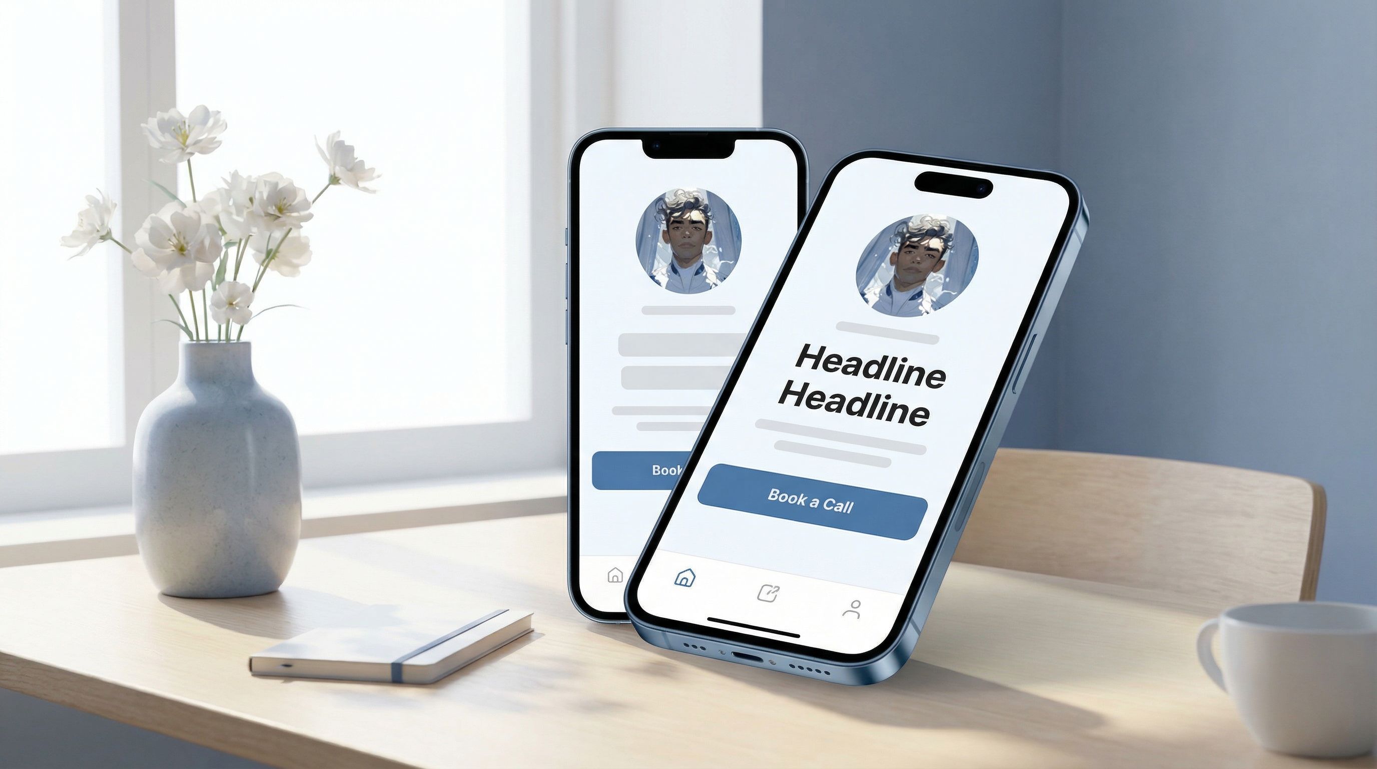 mobile phone mockup of a sleek Liinks-style link in bio page, with a creator headshot at the top, bo