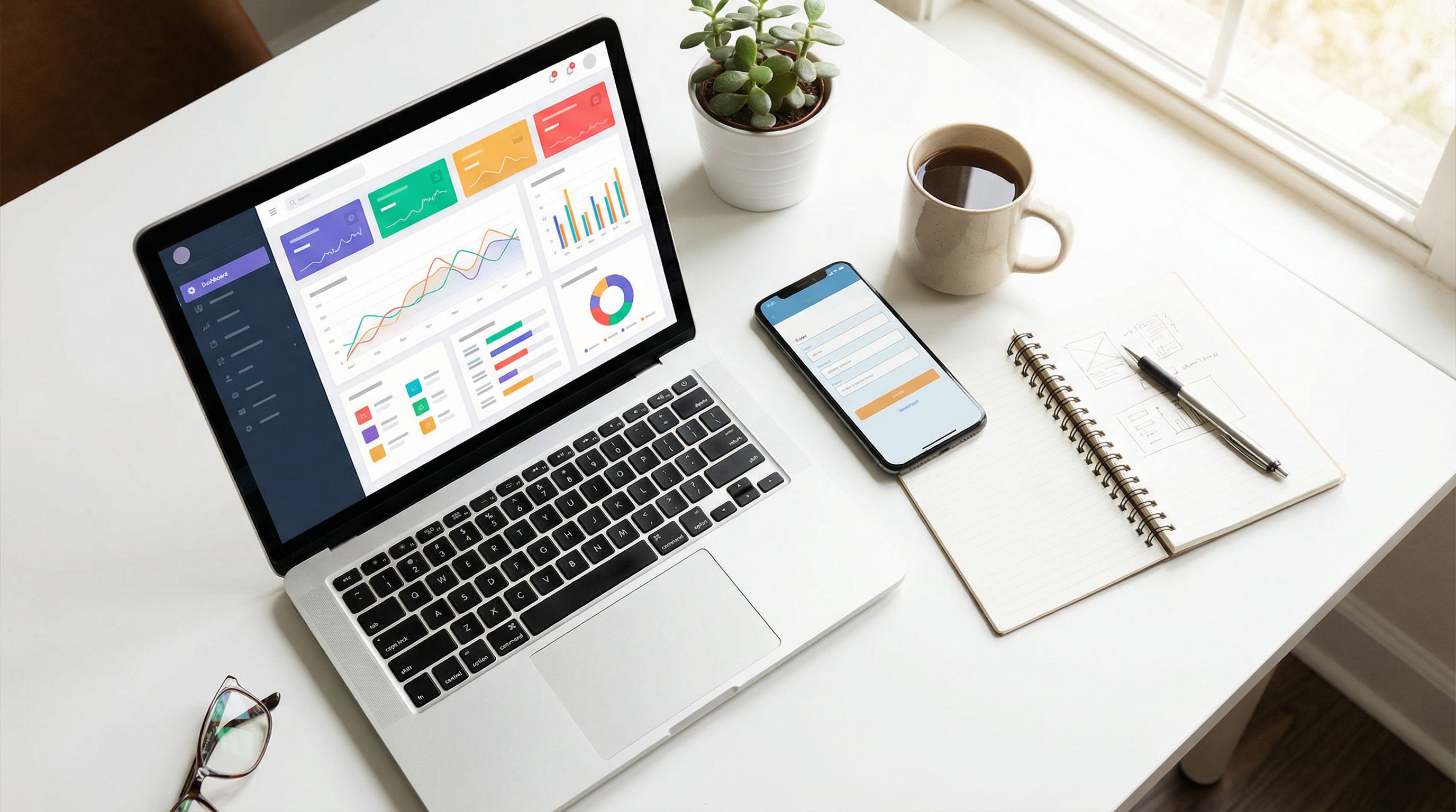 Overhead view of a laptop on a clean white desk displaying a colorful Google Sheets dashboard with l