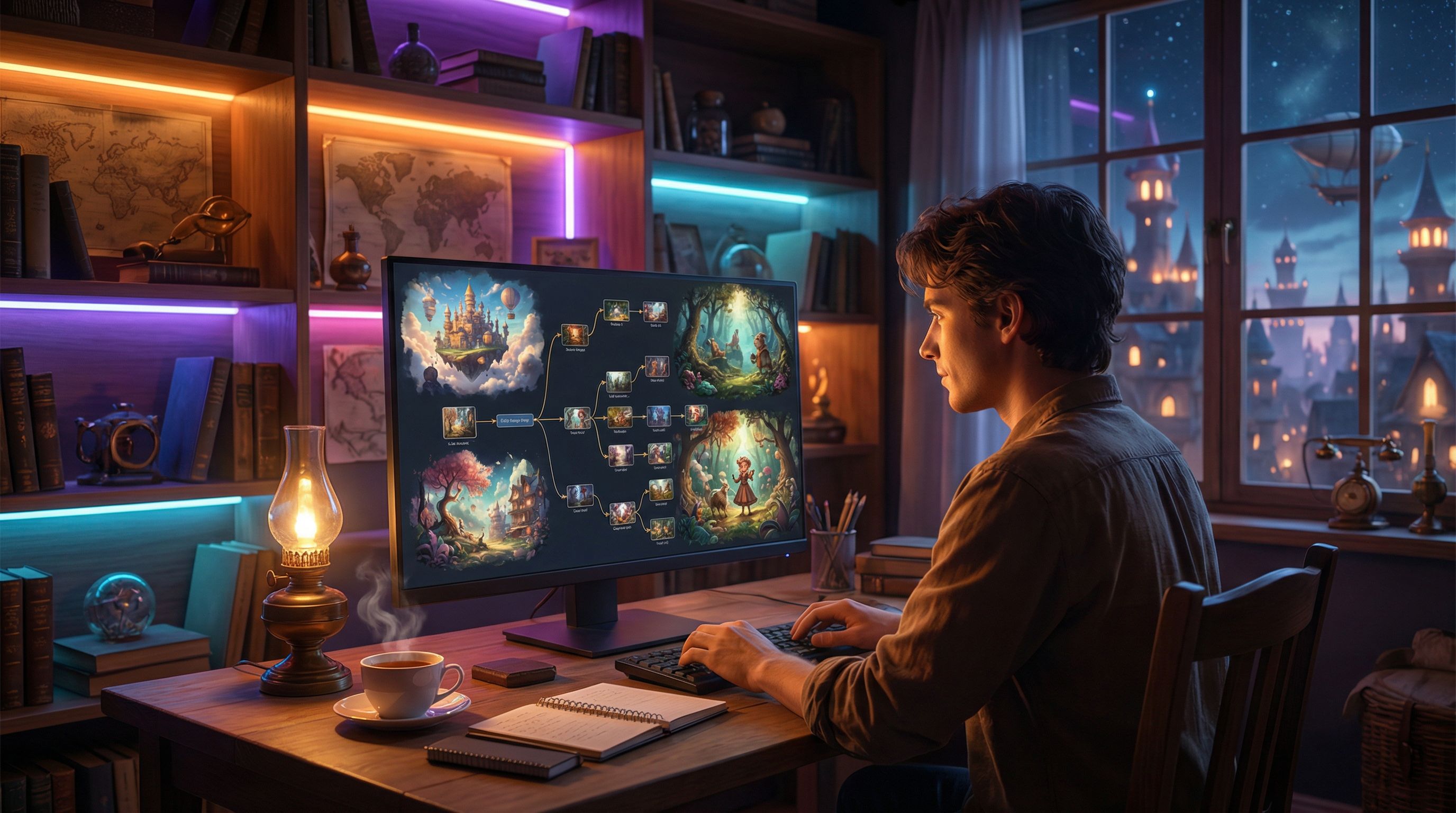 Wide cinematic shot of a player sitting at a desk at night, their face lit by a glowing monitor that