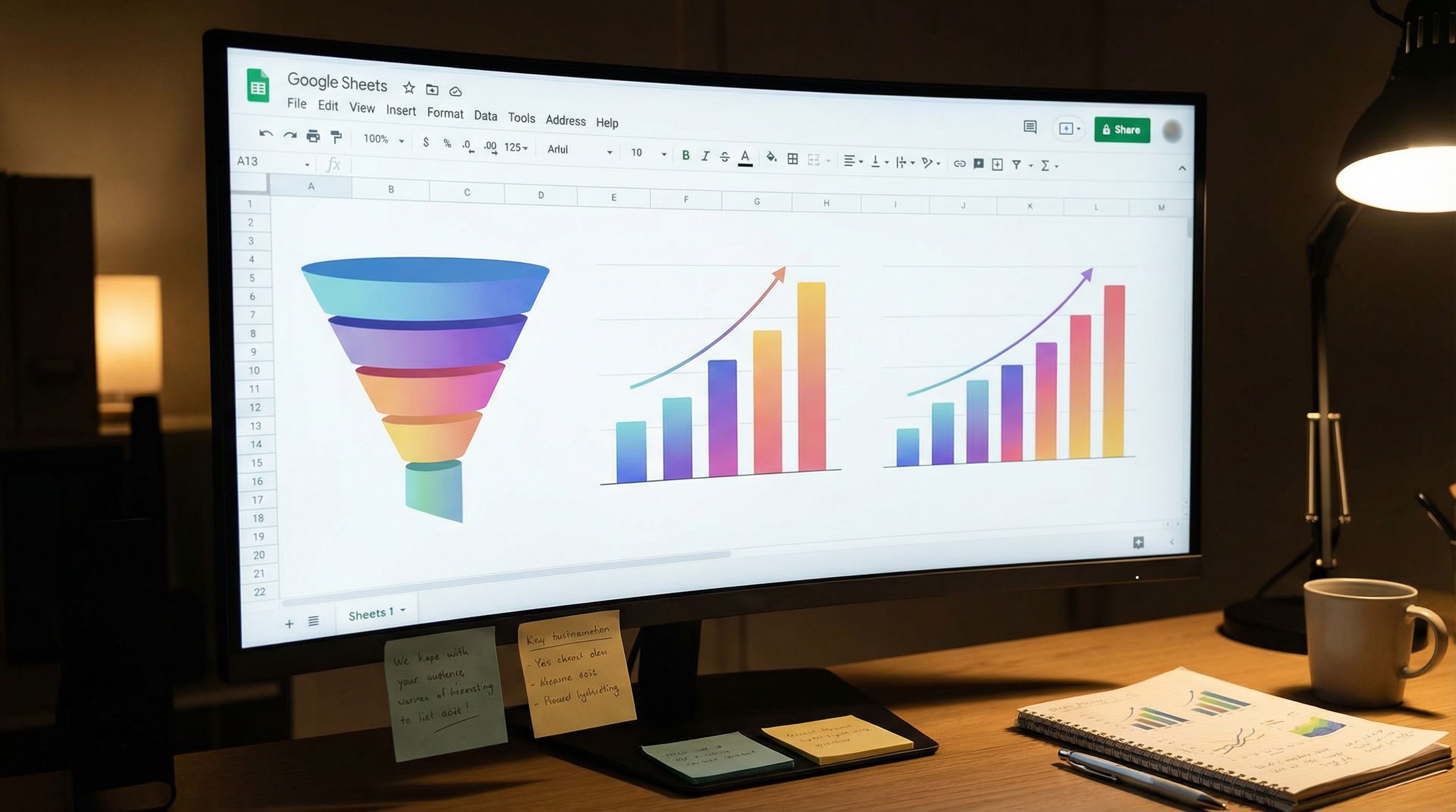 Close-up of a large monitor in a dimly lit workspace showing a sleek funnel chart and bar graphs in