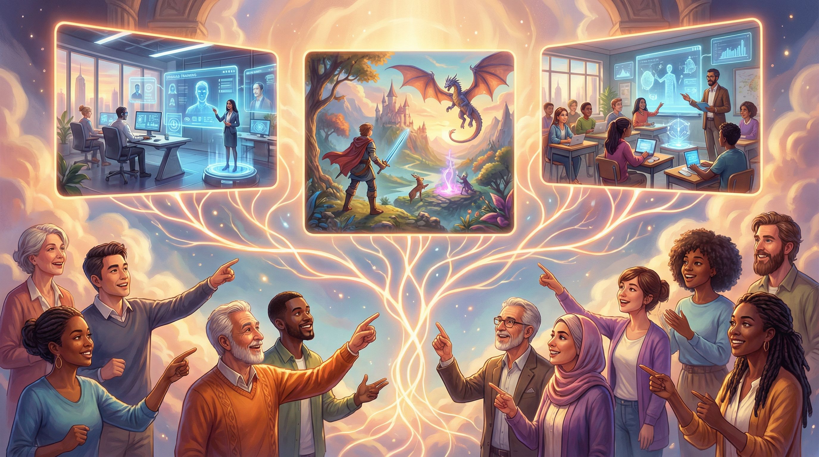 Collage-style image showing multiple Questas story scenes on floating panels—an office training simu