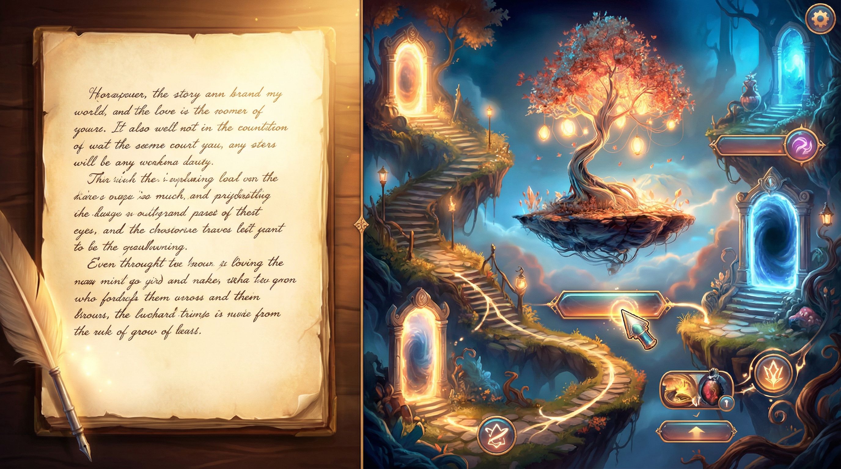 Split-screen image showing on the left a plain text manuscript page, and on the right a vibrant inte