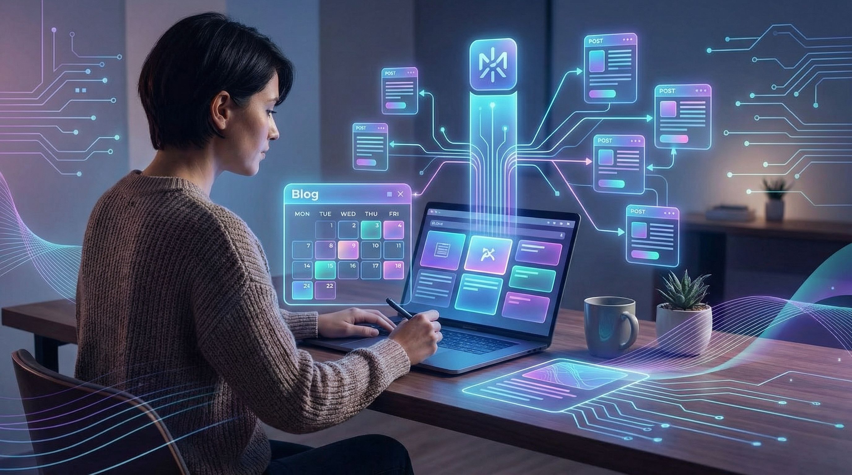 AI-generated content on a laptop screen showing a blog calendar and multiple posts linked to a centr
