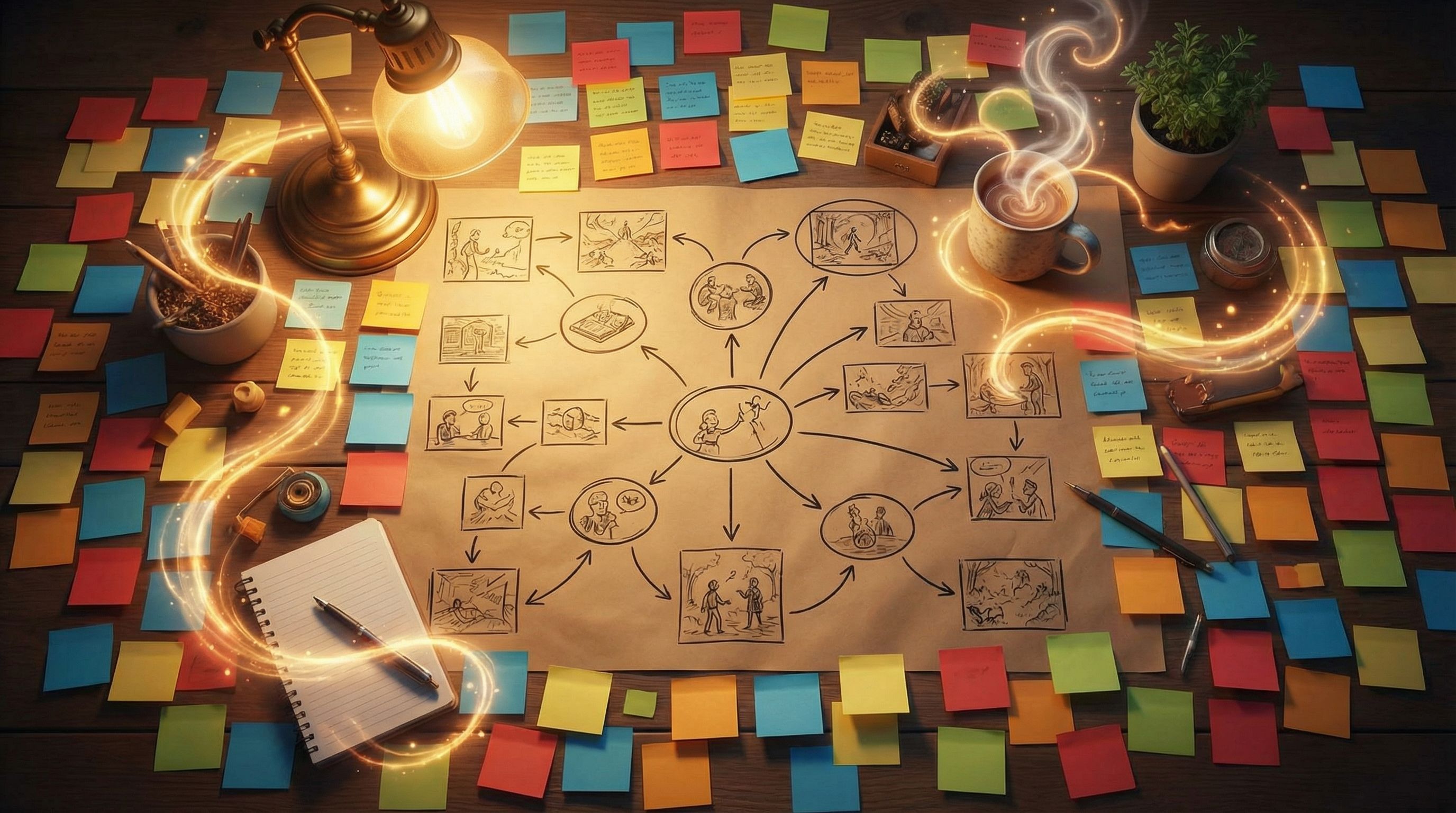 Overhead view of a creator’s desk covered in color-coded sticky notes and a branching story map, wit