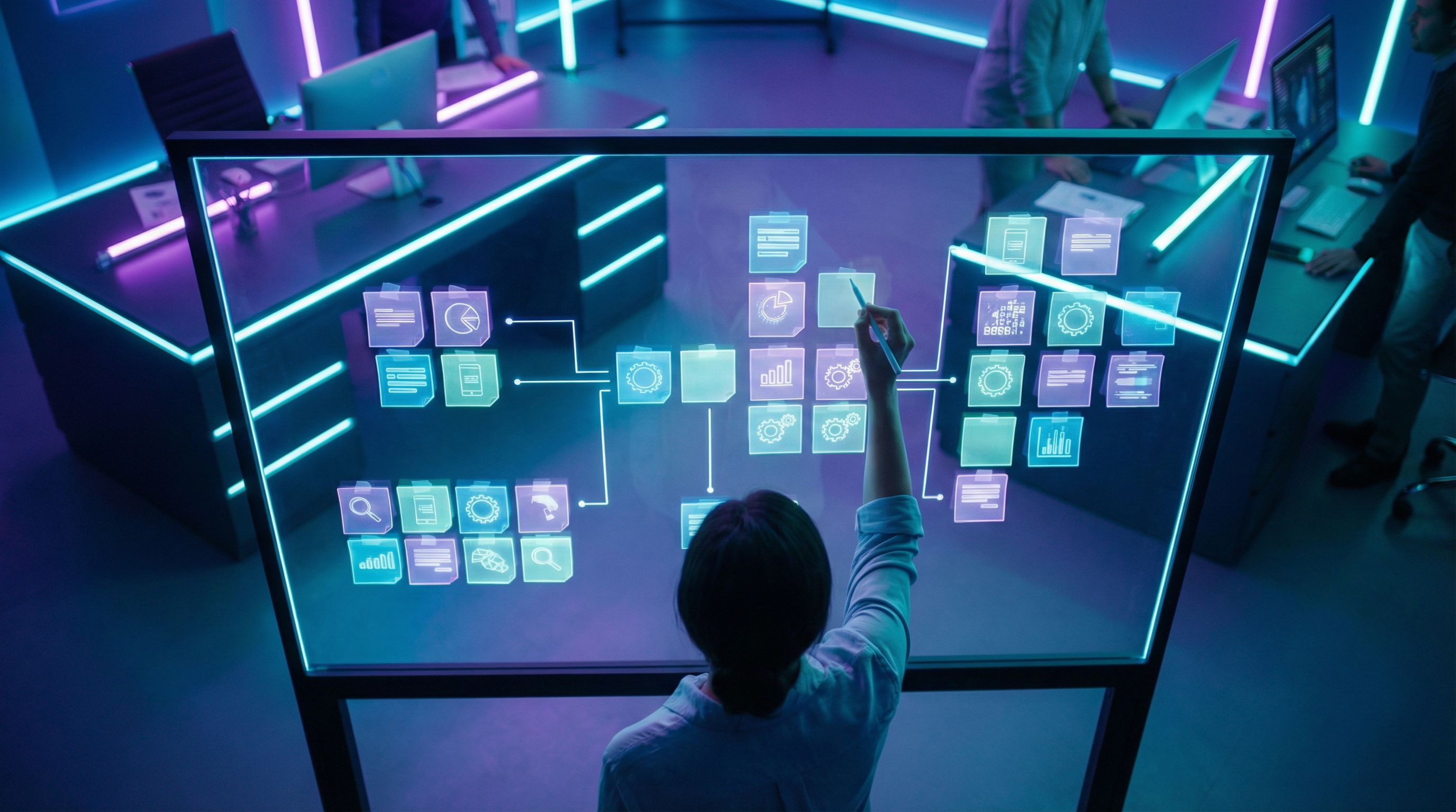 a founder or marketing lead mapping service offerings into content pillars on a whiteboard, with sti