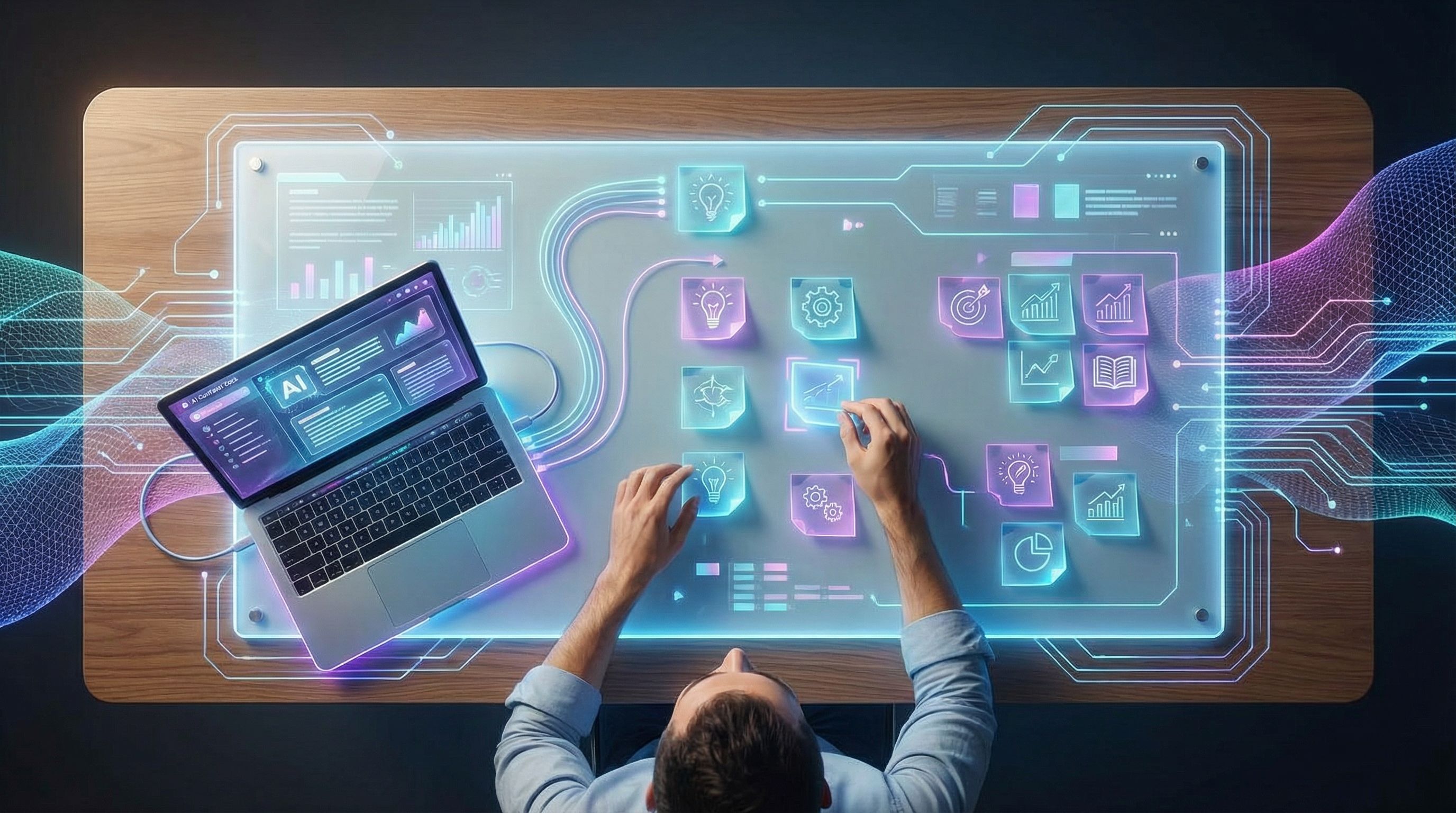 Overhead view of a founder at a wooden desk covered in sticky notes, each labeled with different blo