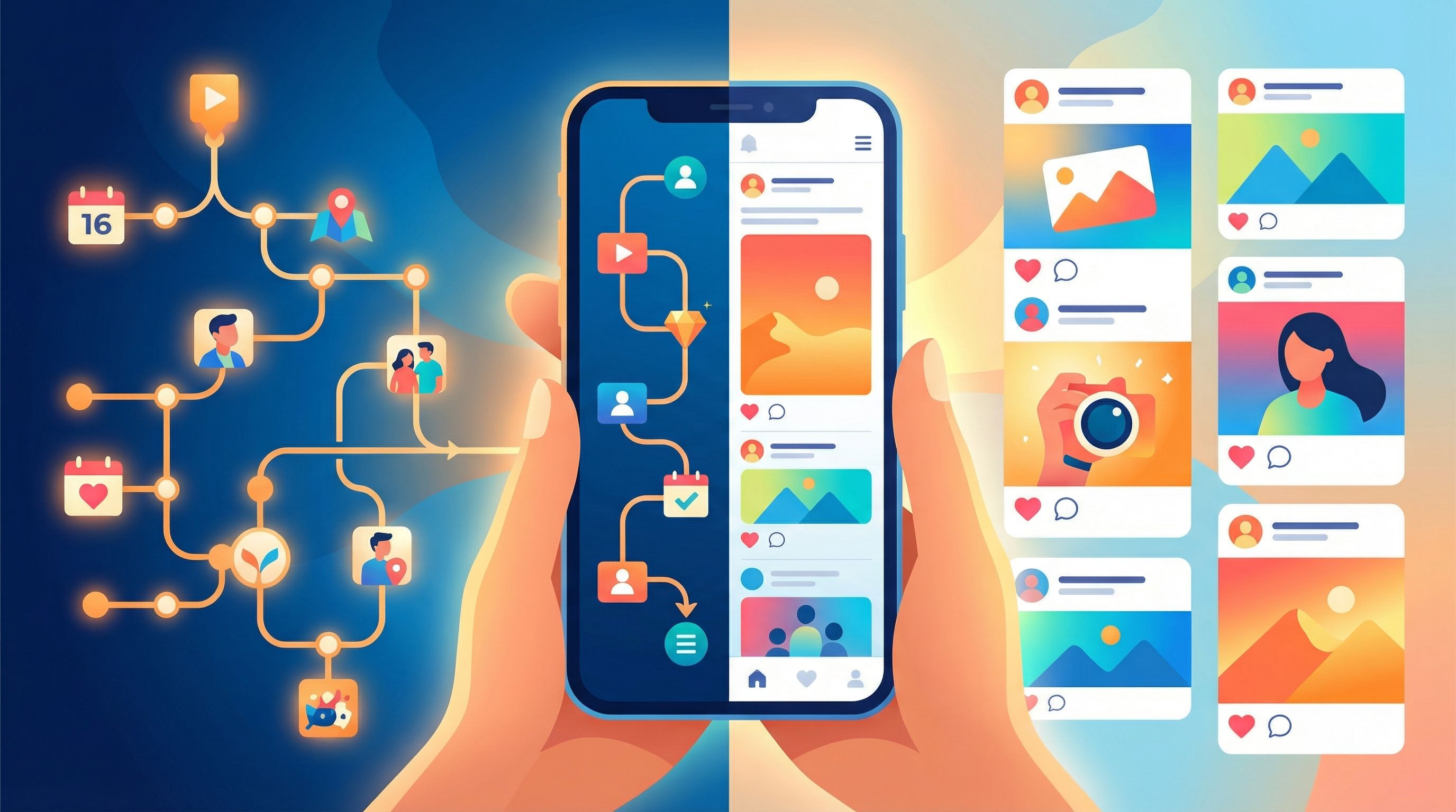 Split-screen image of a smartphone in a hand, showing a colorful branching story map on one side and