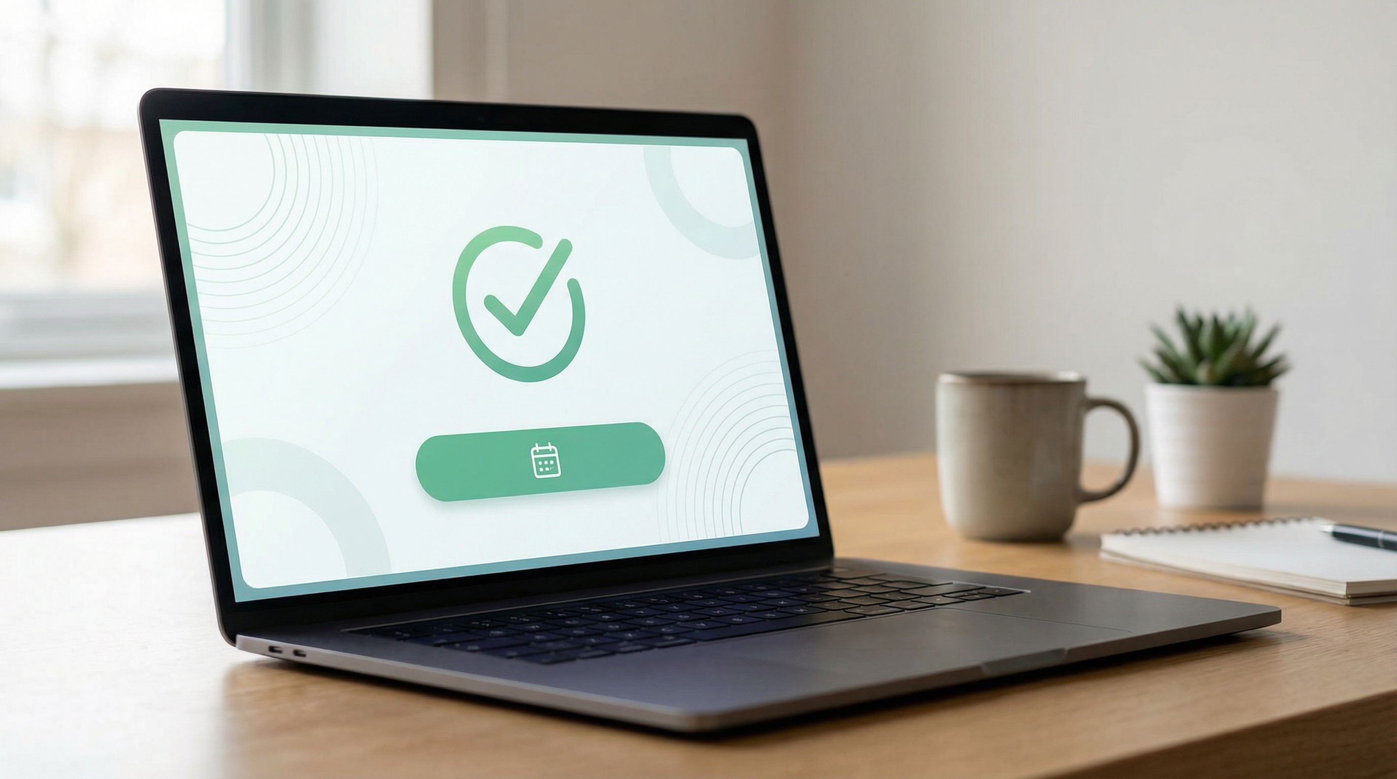 a clean, modern confirmation screen UI on a laptop, showing a bold “You’re booked” message with a si