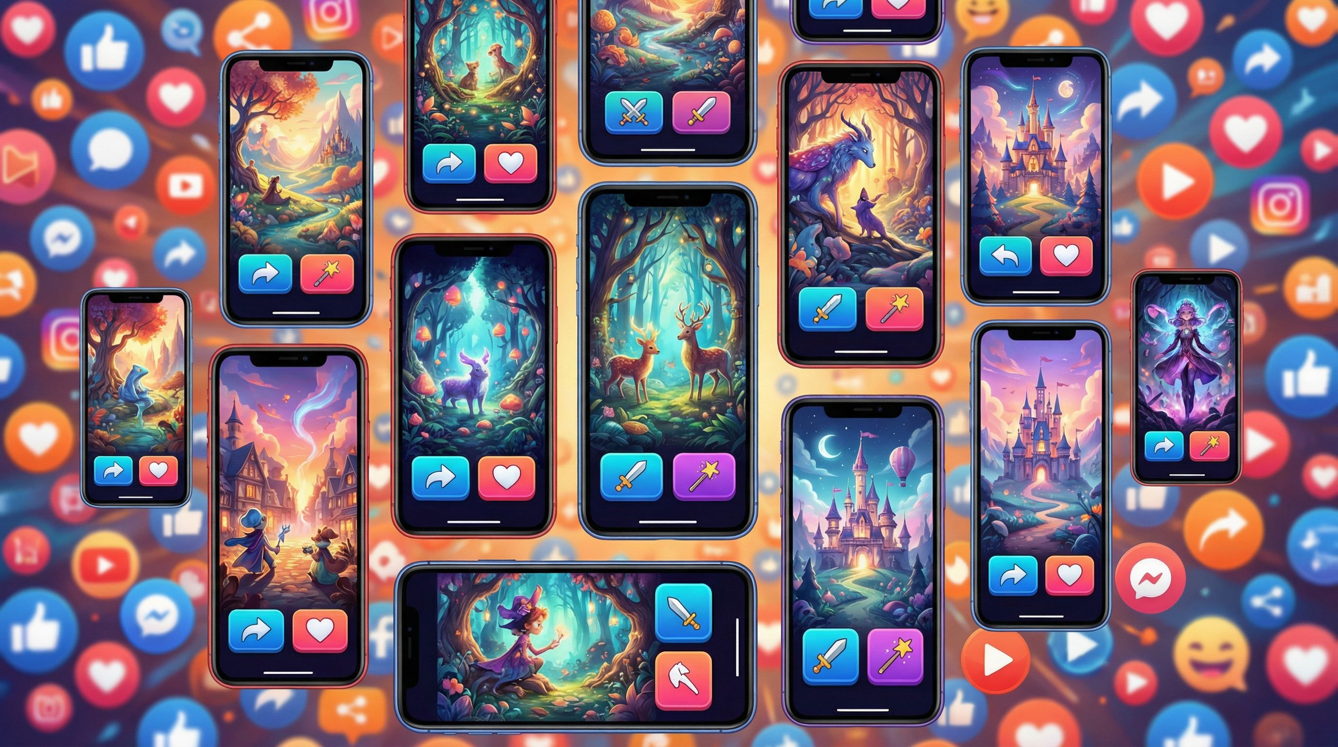 Collage of multiple short interactive stories displayed on different phone screens, each with vivid