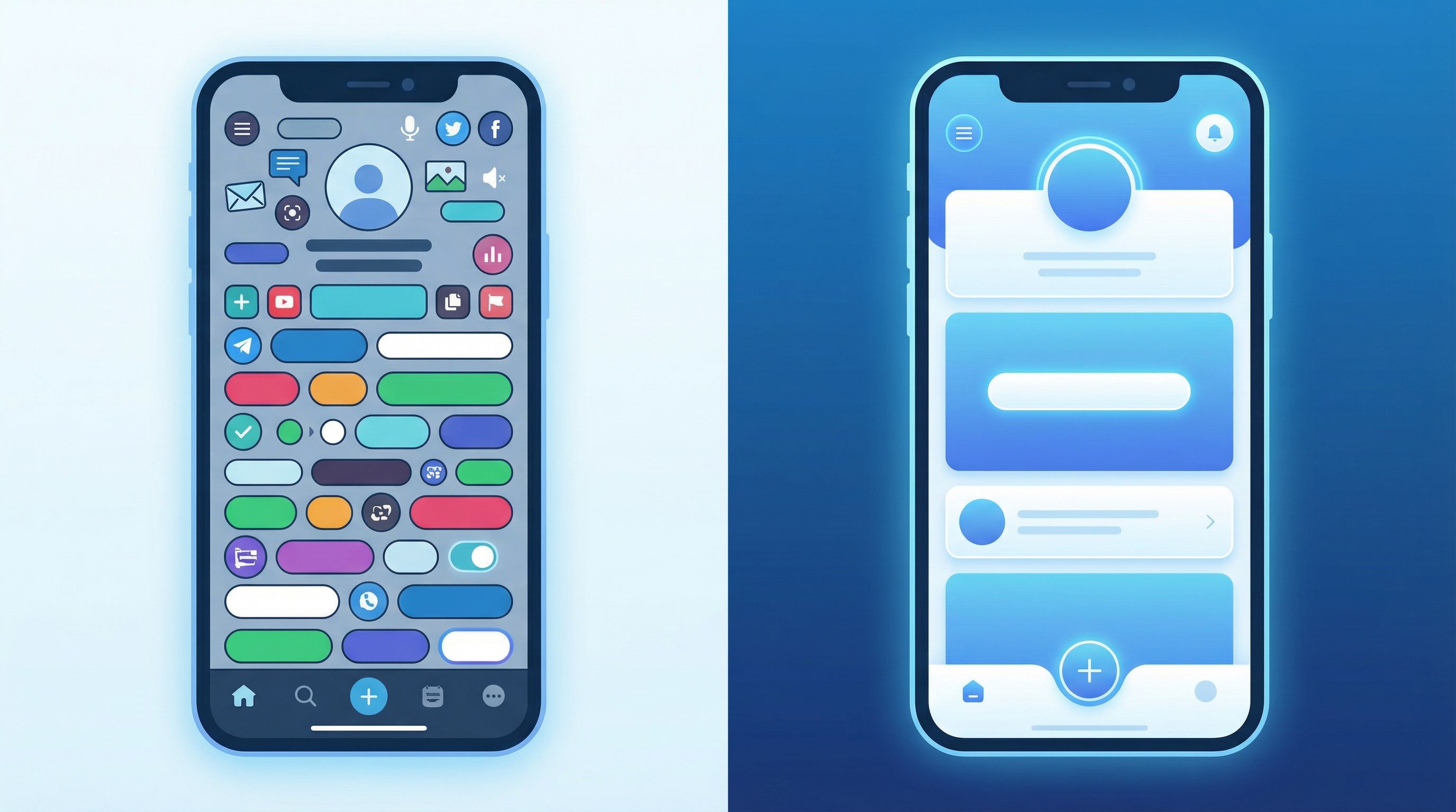 Split-screen digital illustration showing on the left a cluttered, chaotic link-in-bio page with too