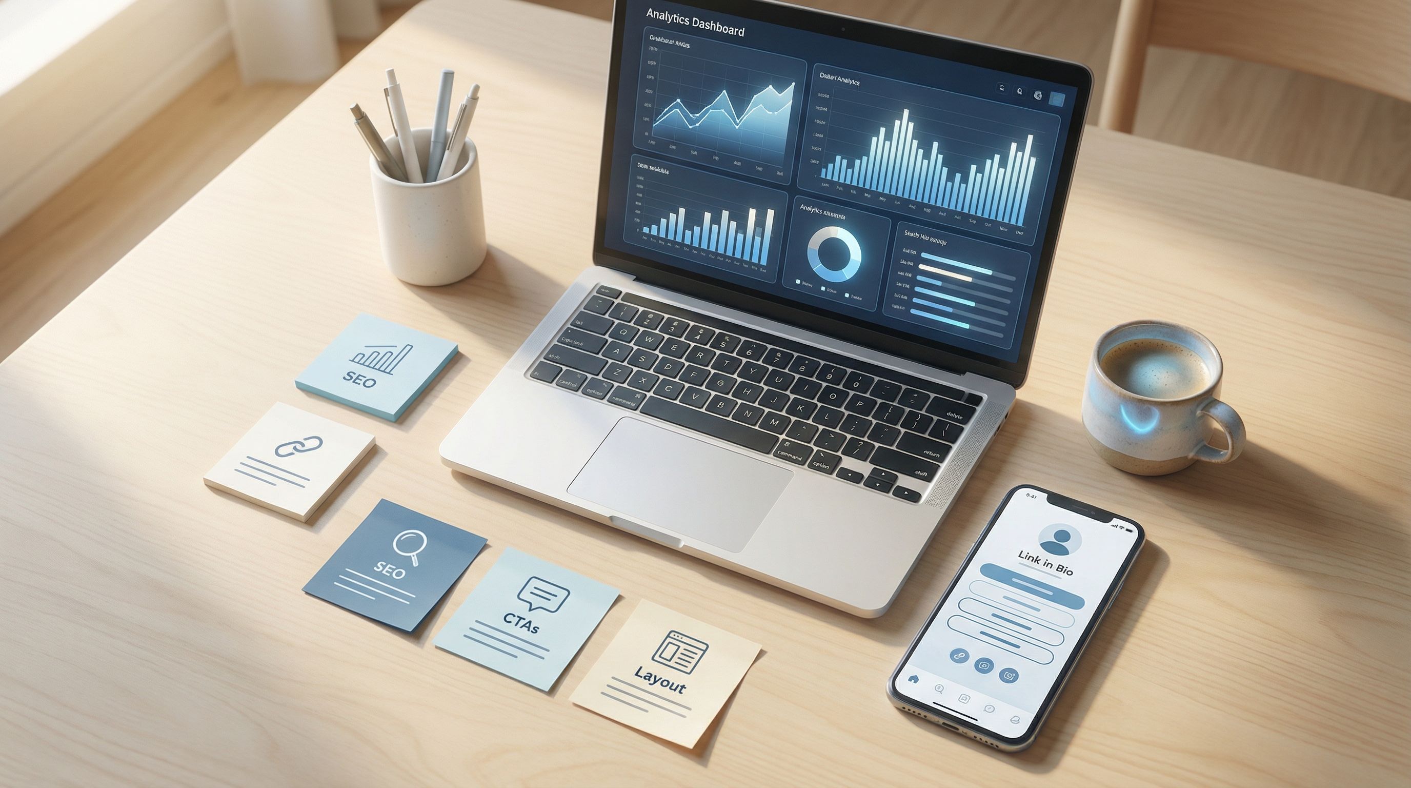 Overhead view of a creator’s workspace with a laptop open to an analytics dashboard, surrounded by s