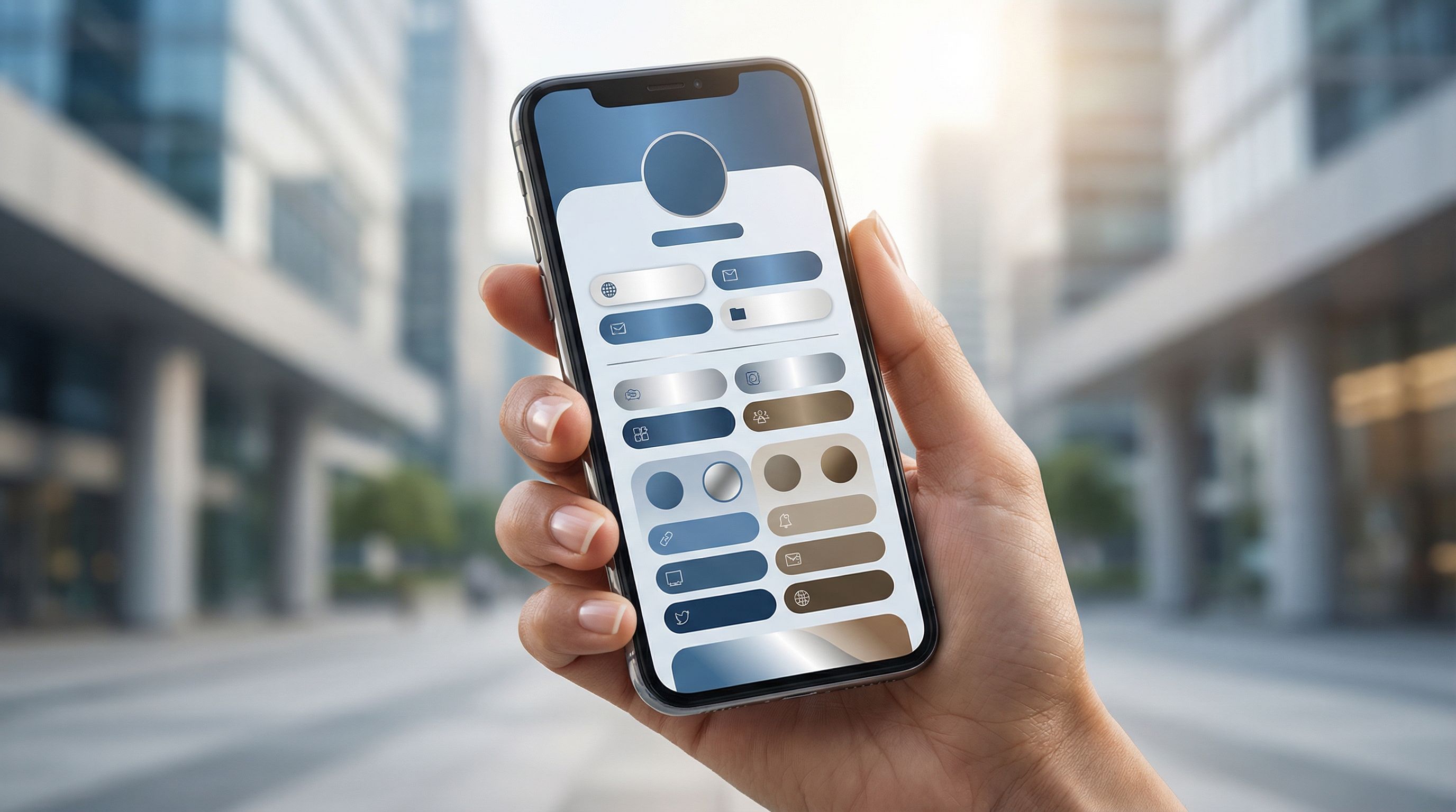 smartphone screen close-up showing a beautifully branded link-in-bio page with clear, colorful butto