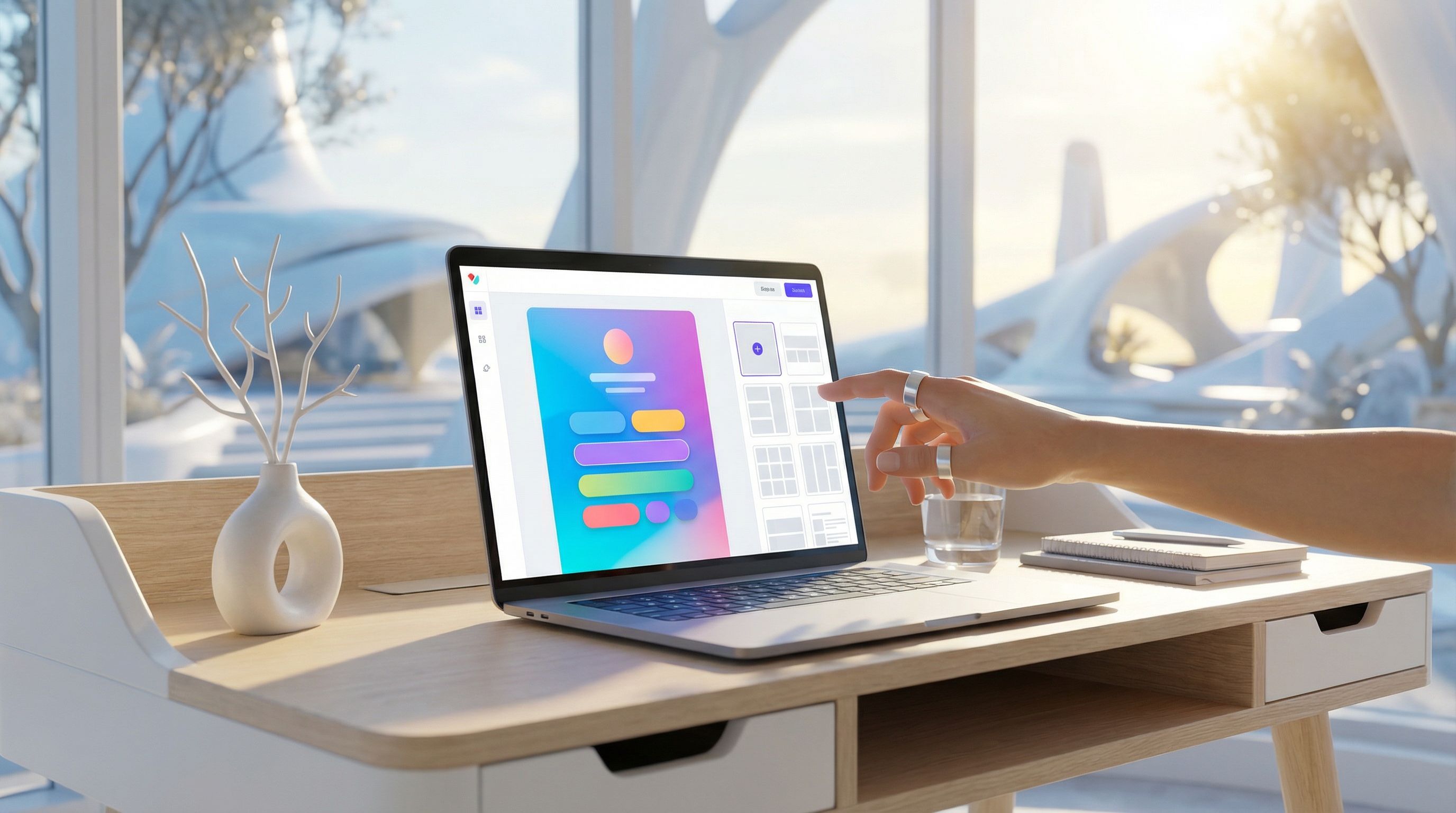 a laptop on a clean desk showing a colorful link-in-bio page design interface, with a creator’s hand