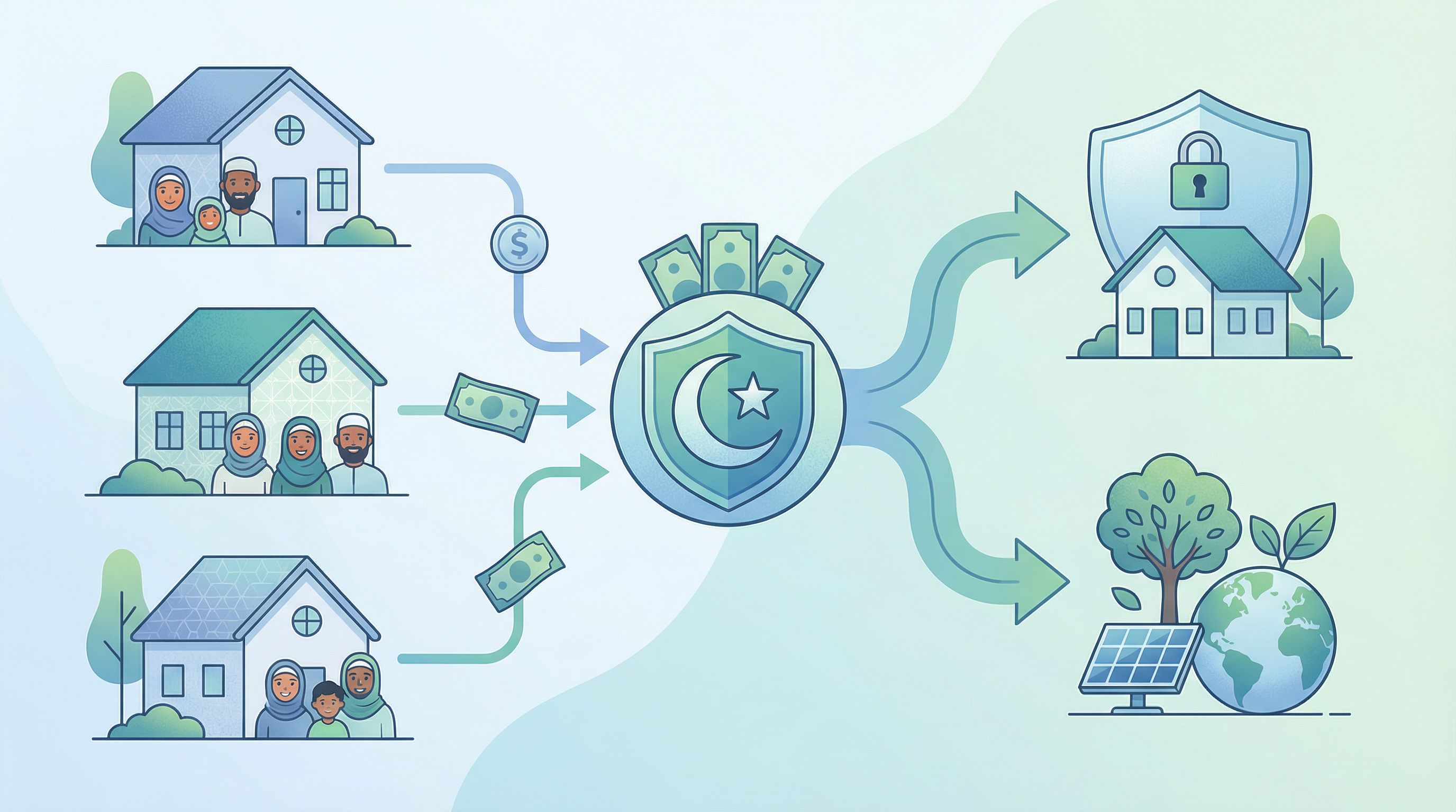 an illustrated flowchart-style scene showing pooled contributions from multiple Muslim homeowners fl