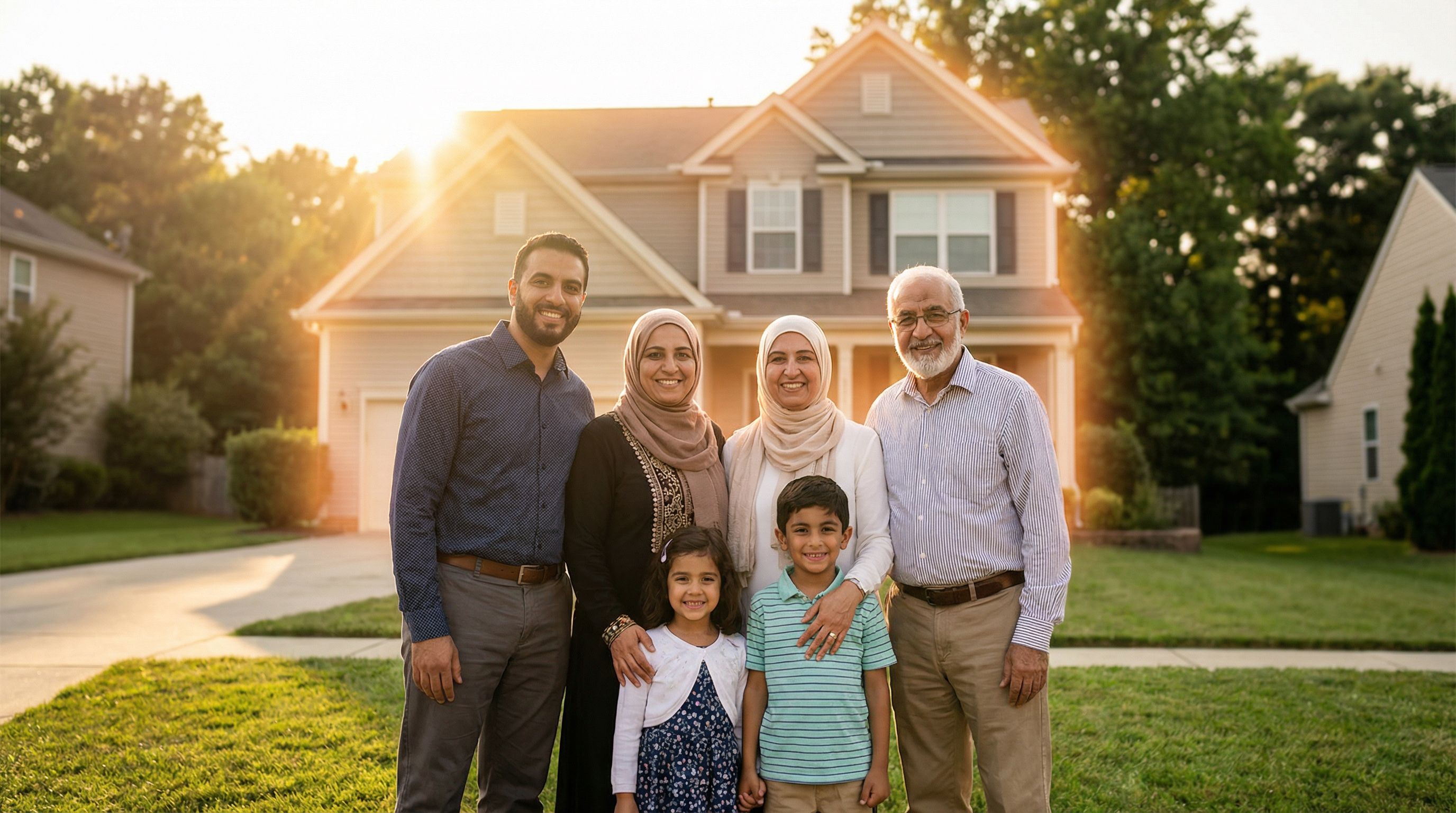 a diverse Muslim American family standing outside a suburban home at sunset, warm golden light, hous