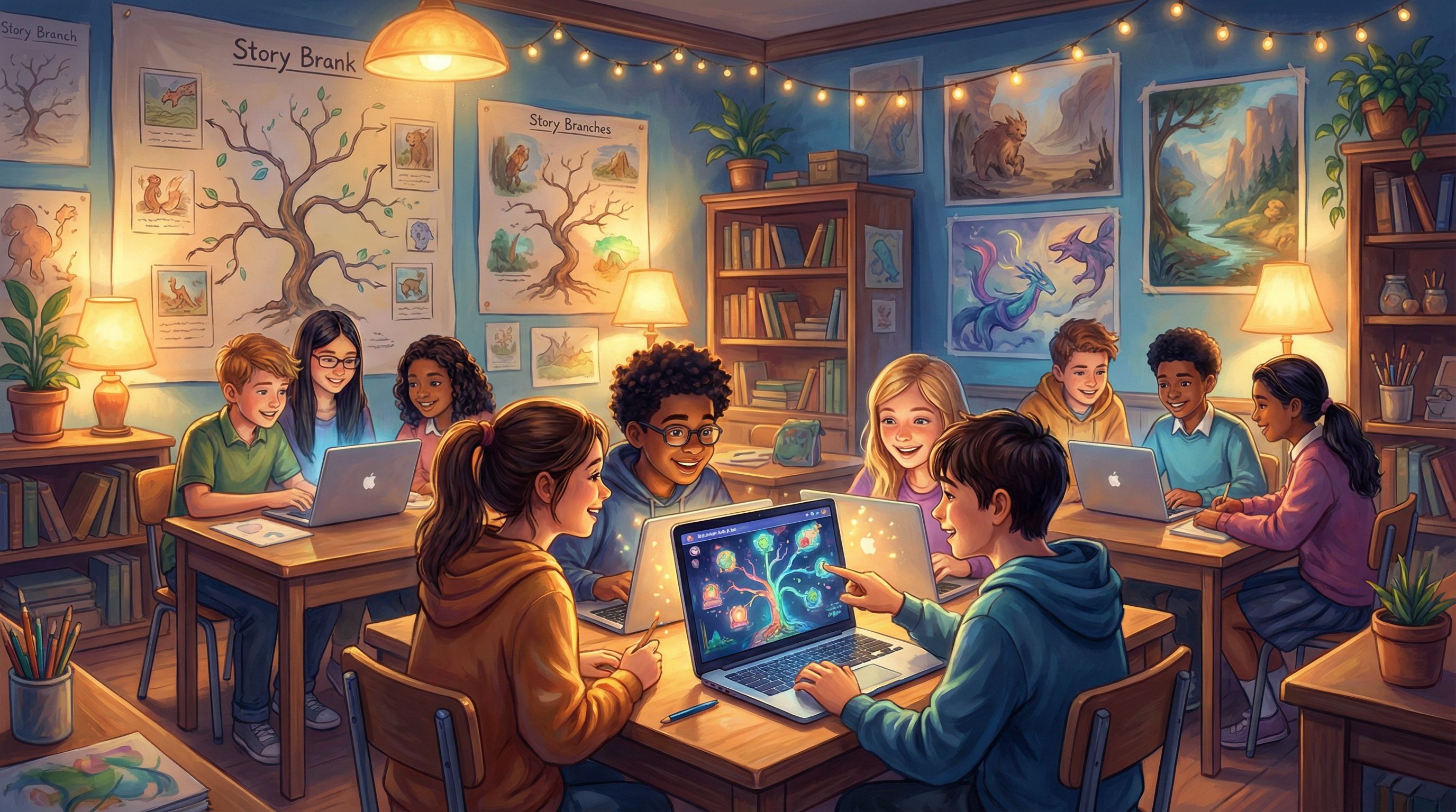 Middle school or high school classroom where small groups of students huddle around laptops, story b