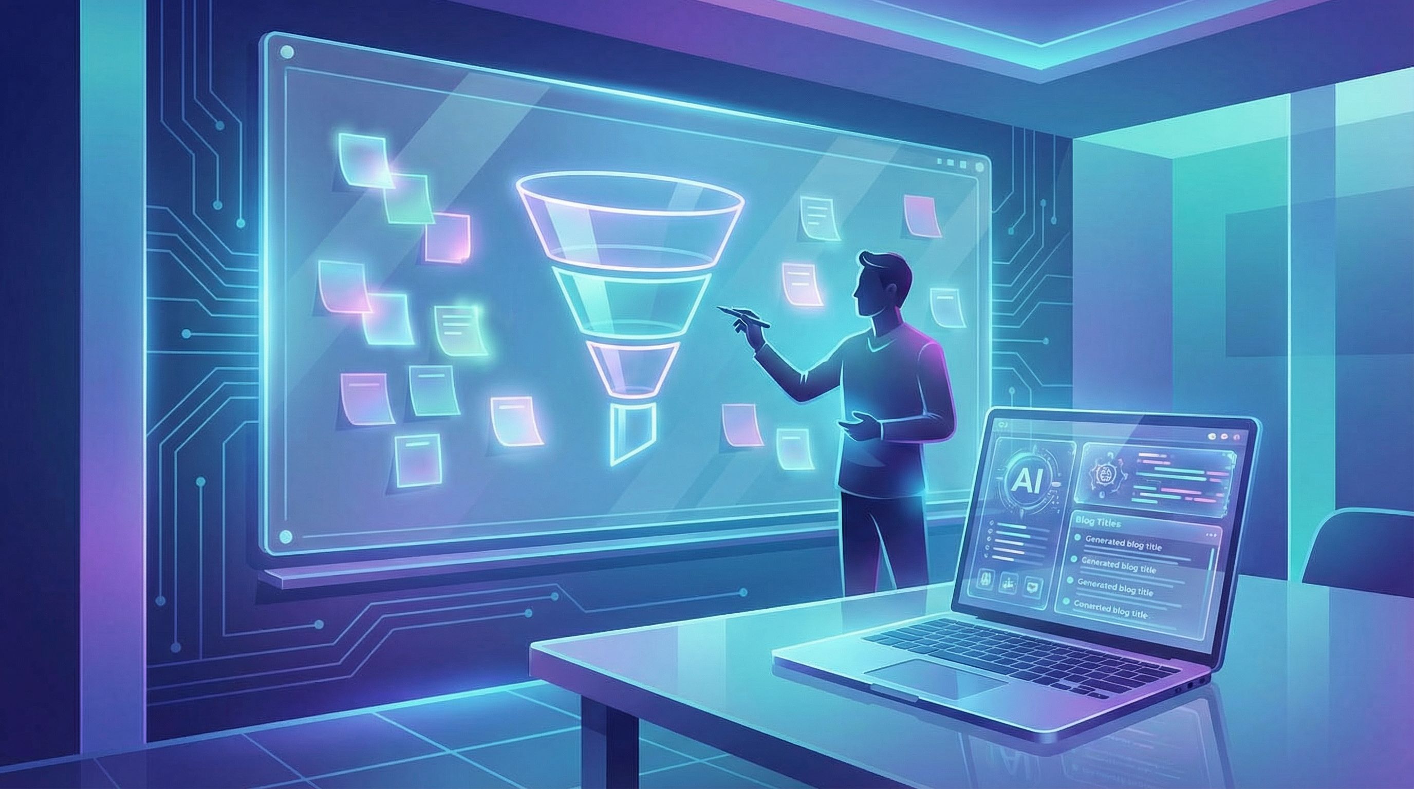 a clean funnel diagram on a whiteboard in a modern office, with stages labeled Awareness, Considerat