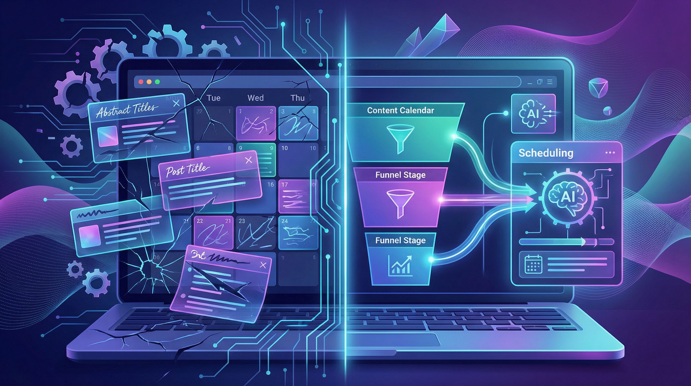 a split-screen view showing on the left a cluttered, inconsistent blog calendar with random post tit