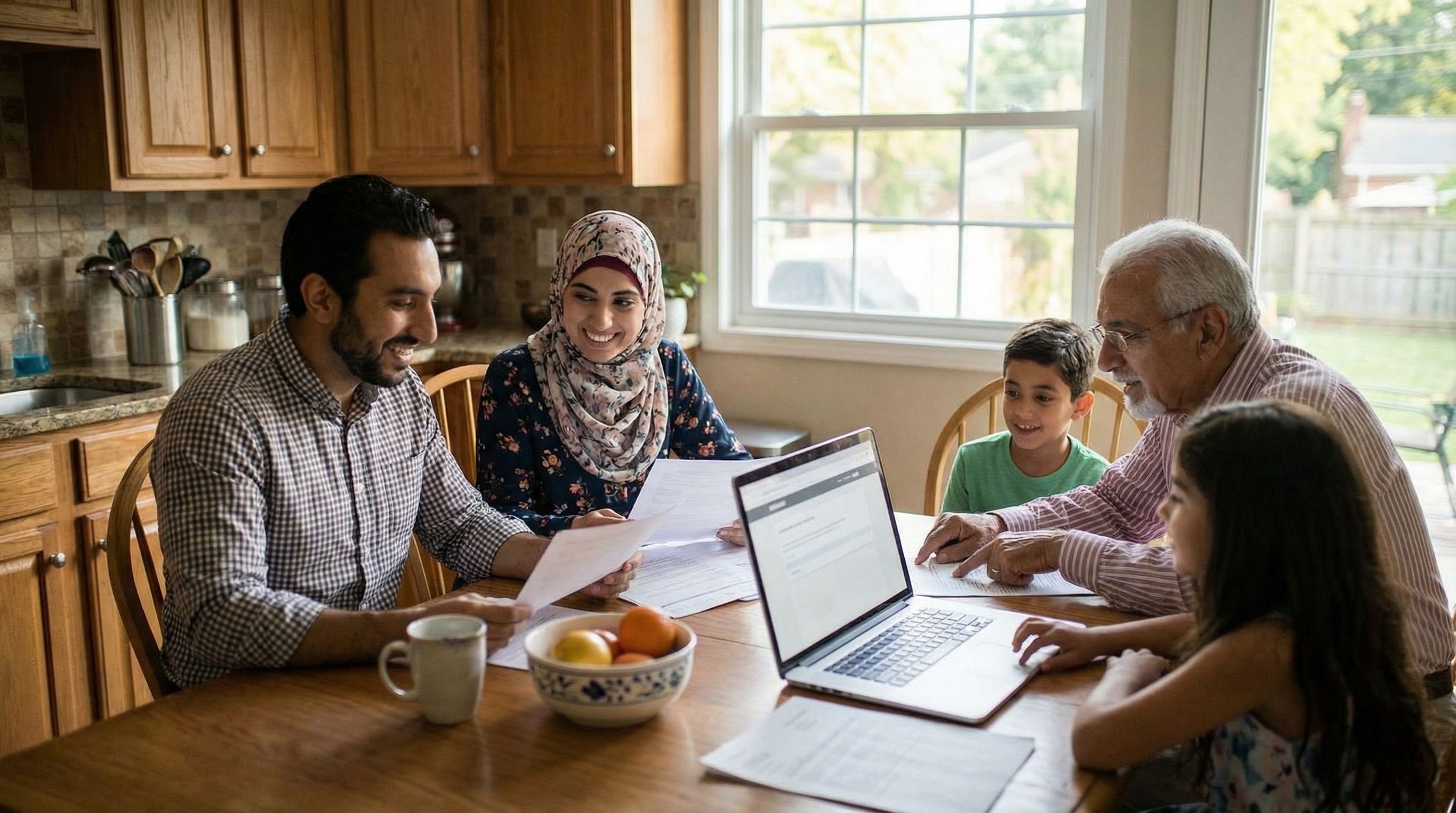 diverse Muslim American family reviewing Takaful documents at a kitchen table with soft natural ligh