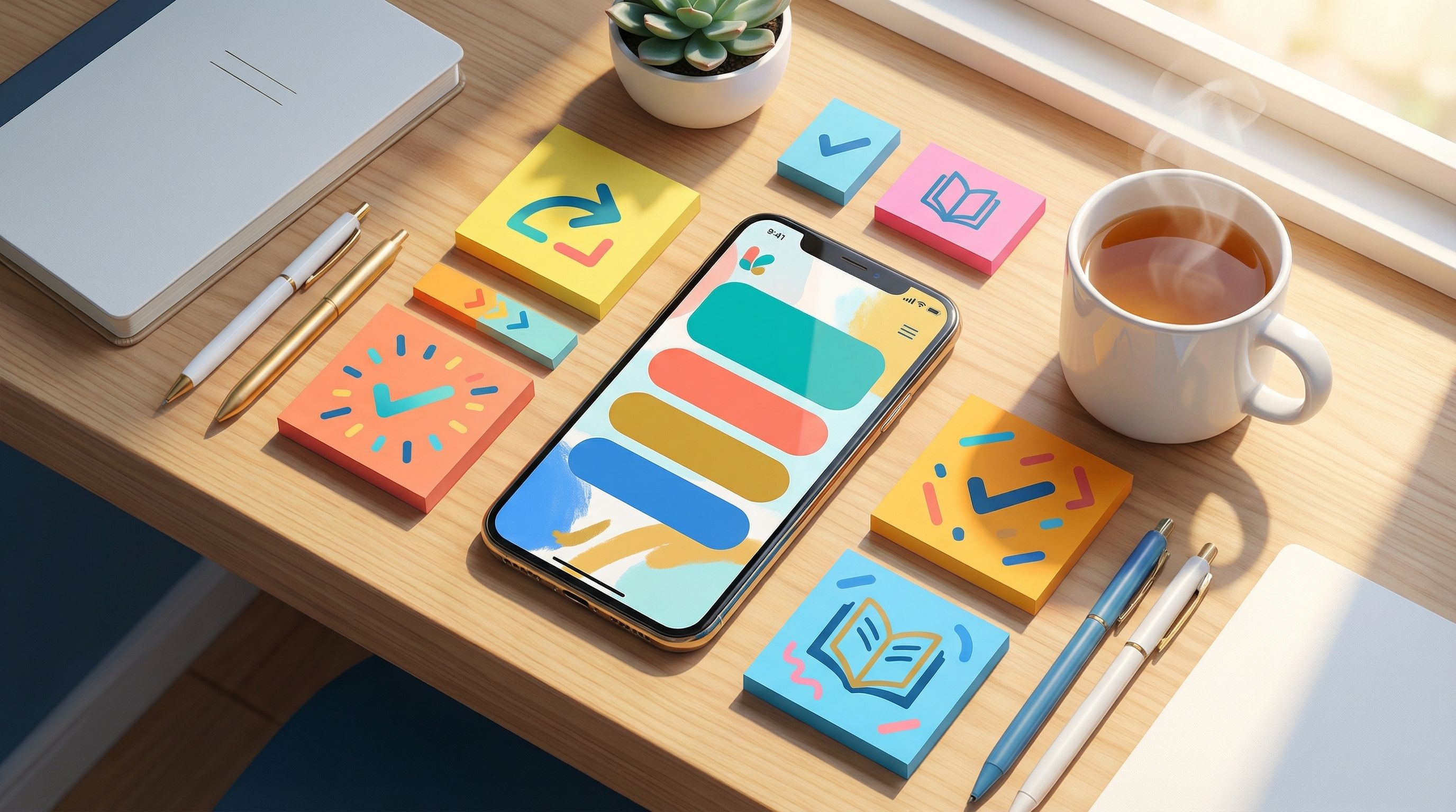 Overhead view of a creator’s desk with a phone showing a stylish Liinks page full of bold CTA button
