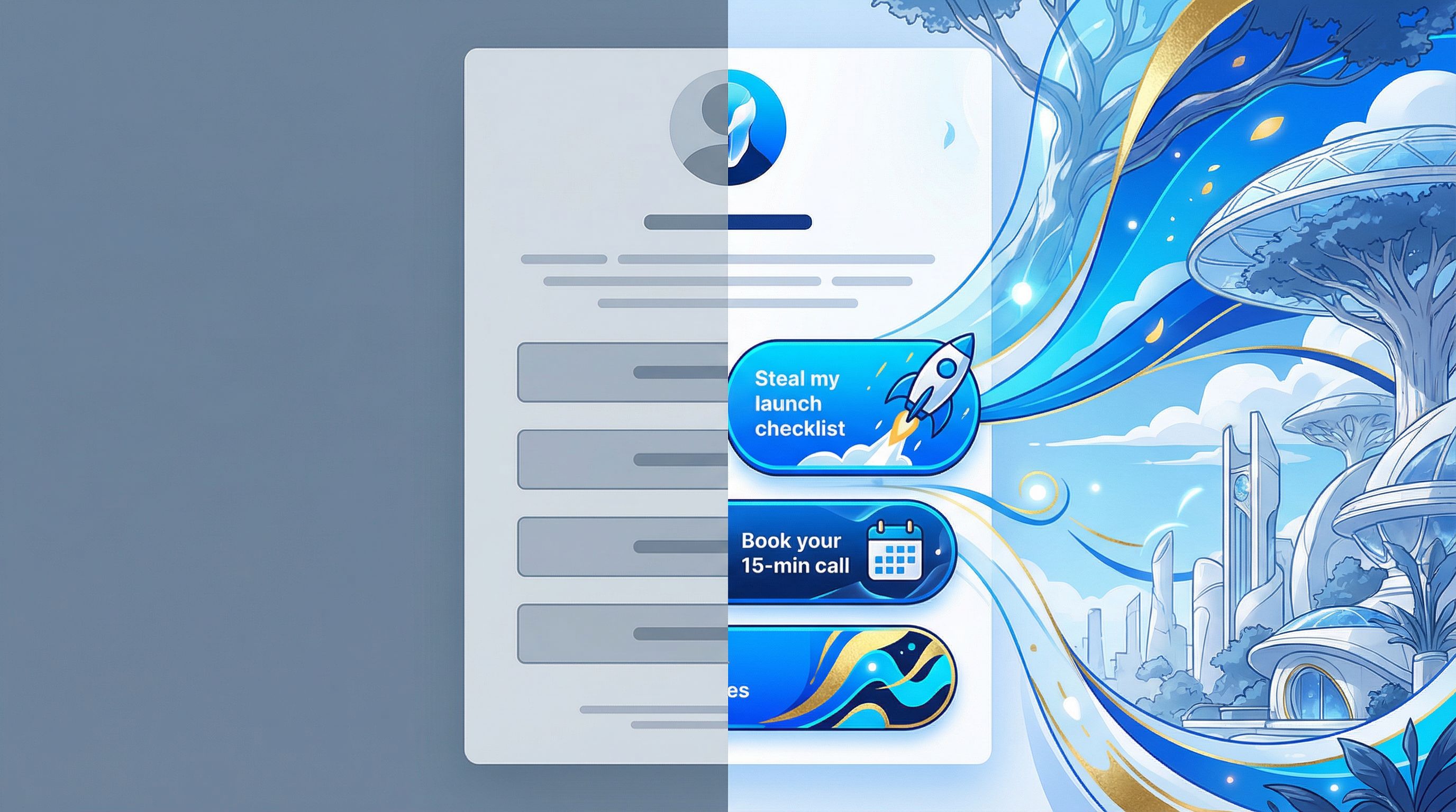 Split-screen mockup showing on the left a boring link-in-bio with gray generic buttons like “Learn m