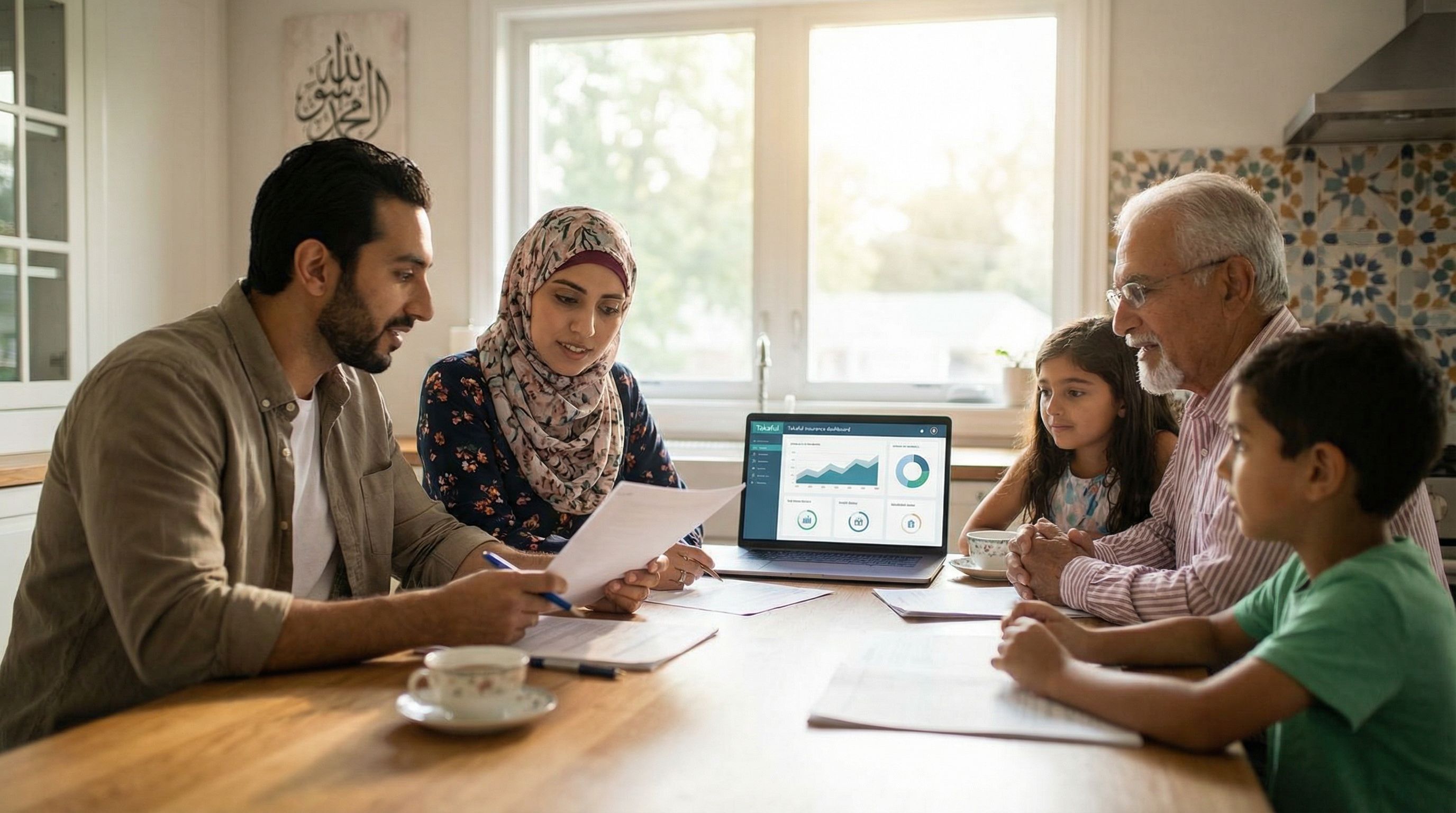 Diverse Muslim American family at a kitchen table reviewing insurance documents together, with soft