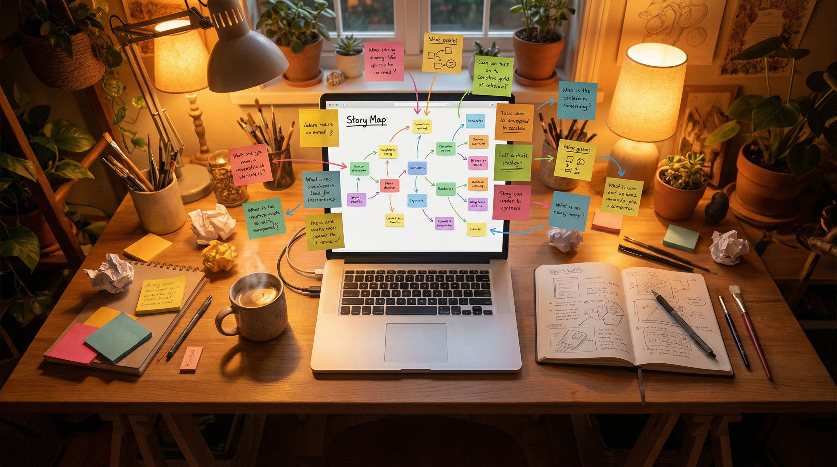 overhead view of a creator’s desk with sticky notes and a laptop showing a branching story map, colo